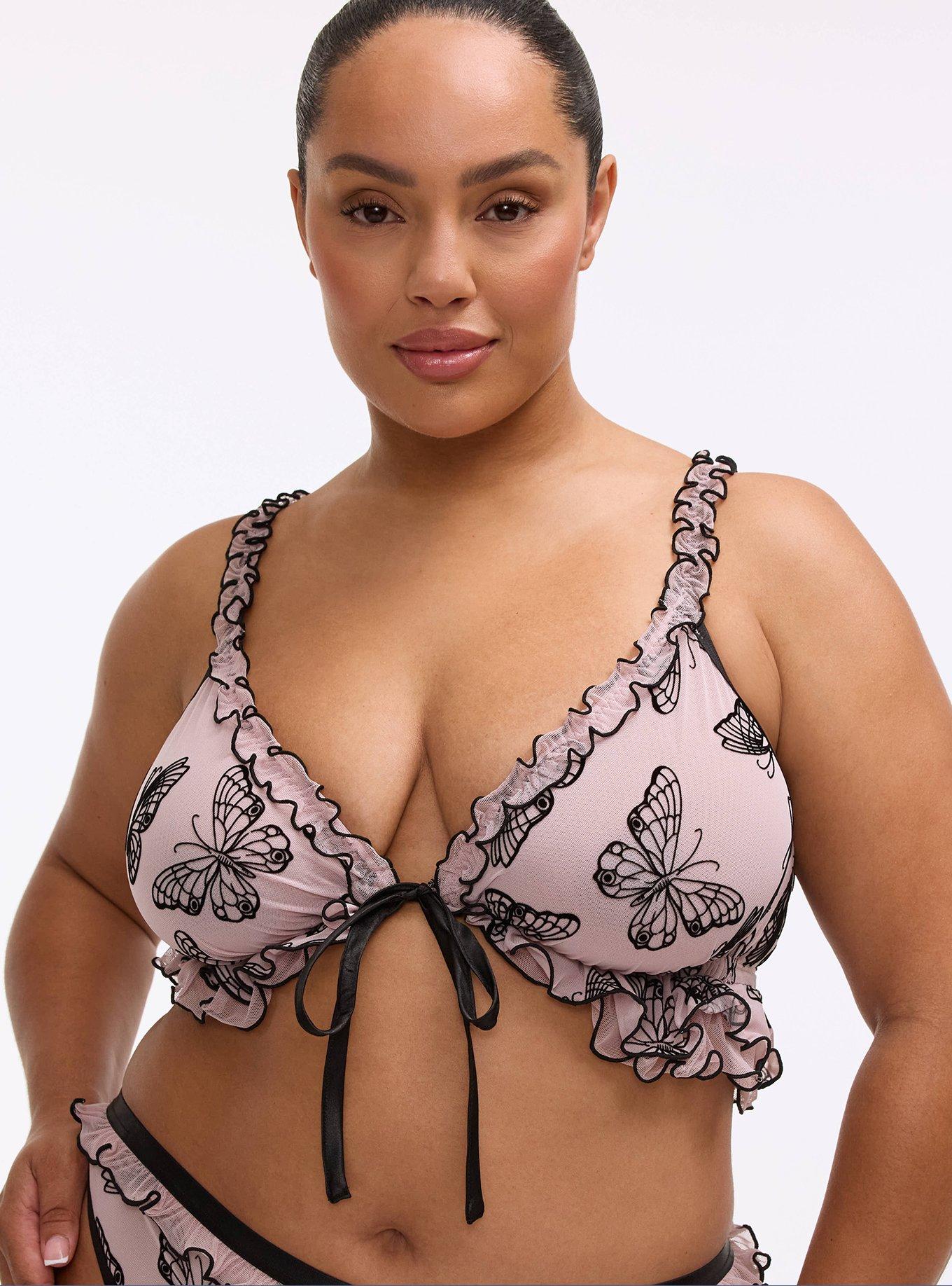 Plus Size Wireless Flocked Mesh Bralette, DELICATE BUTTERFLY LAVENDER, hi-res