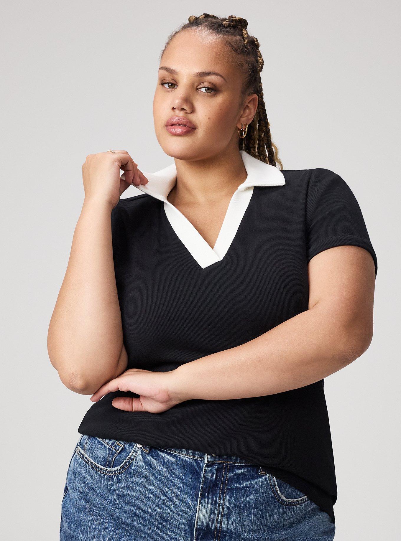 Heritage Rib V-Neck Polo Tee, BLACK WHITE, alternate