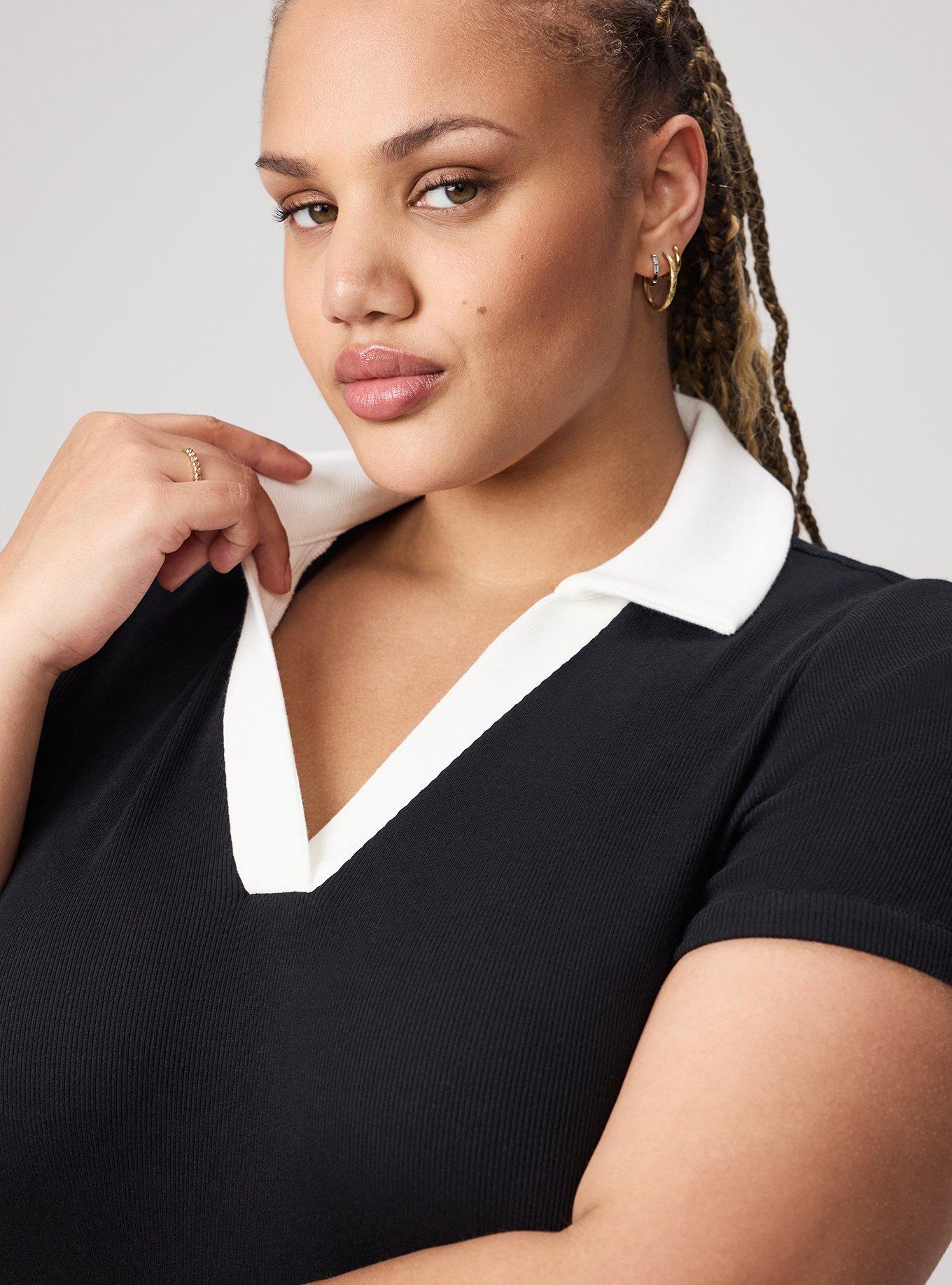 Heritage Rib V-Neck Polo Tee, BLACK WHITE, alternate