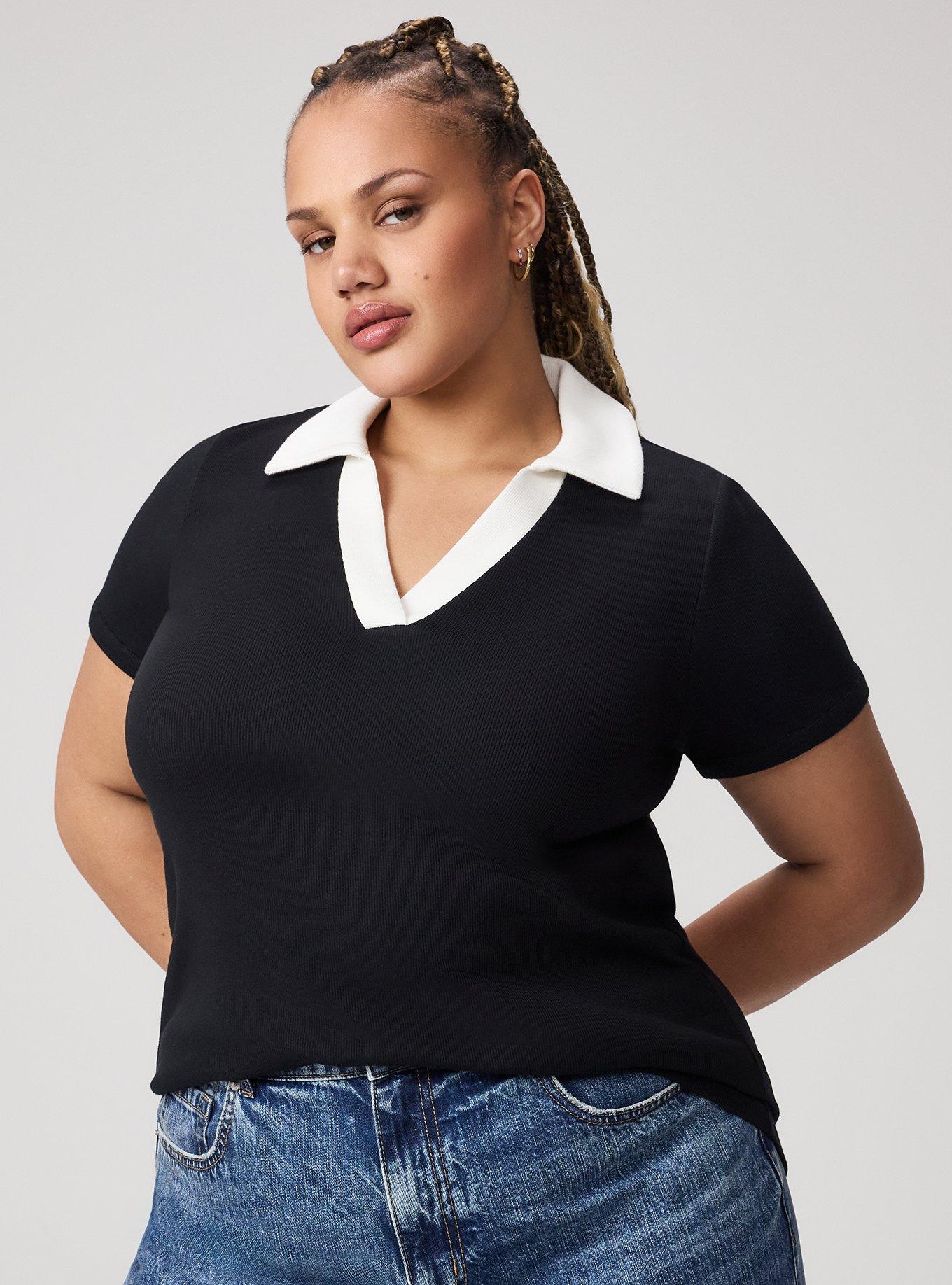 Heritage Rib V-Neck Polo Tee, BLACK WHITE, alternate