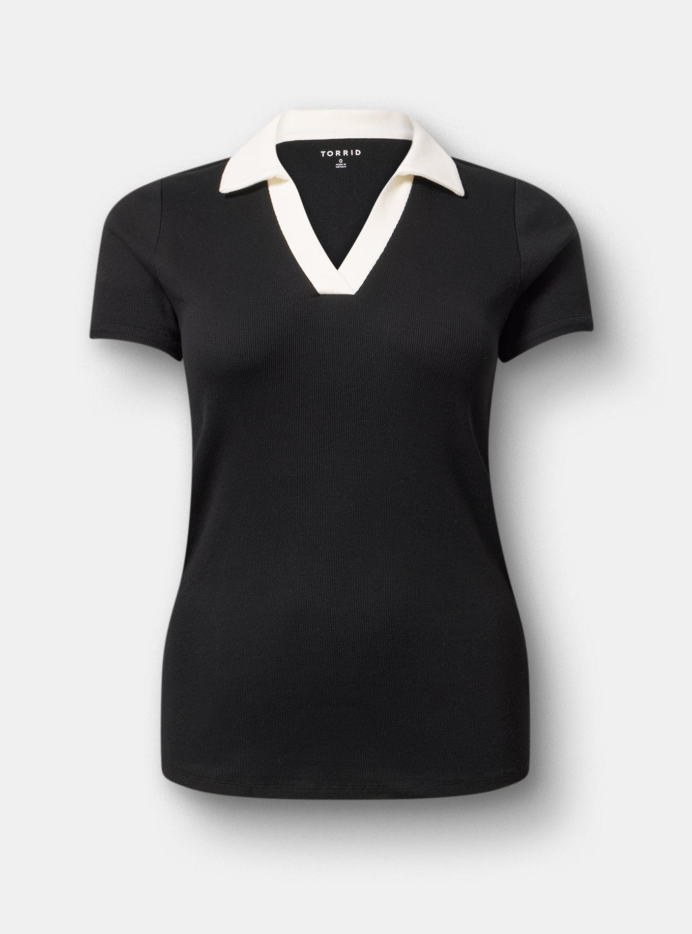 Heritage Rib V-Neck Polo Tee, BLACK WHITE, hi-res