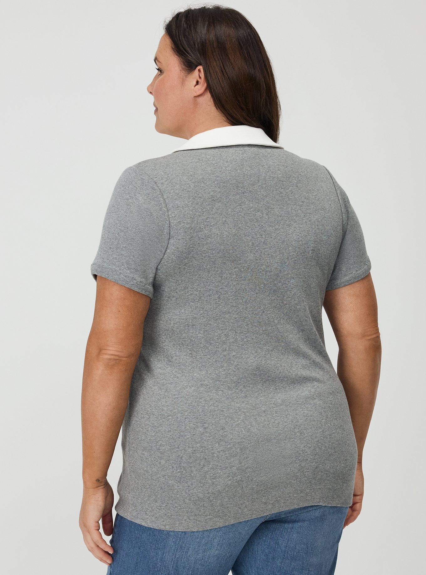 Heritage Rib V-Neck Polo Tee, MED HEATHER GREY, alternate