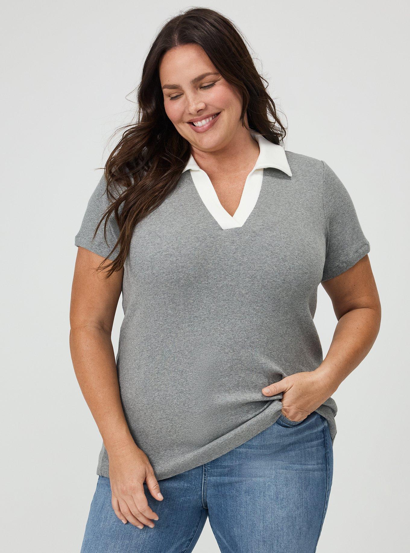 Heritage Rib V-Neck Polo Tee, MED HEATHER GREY, alternate