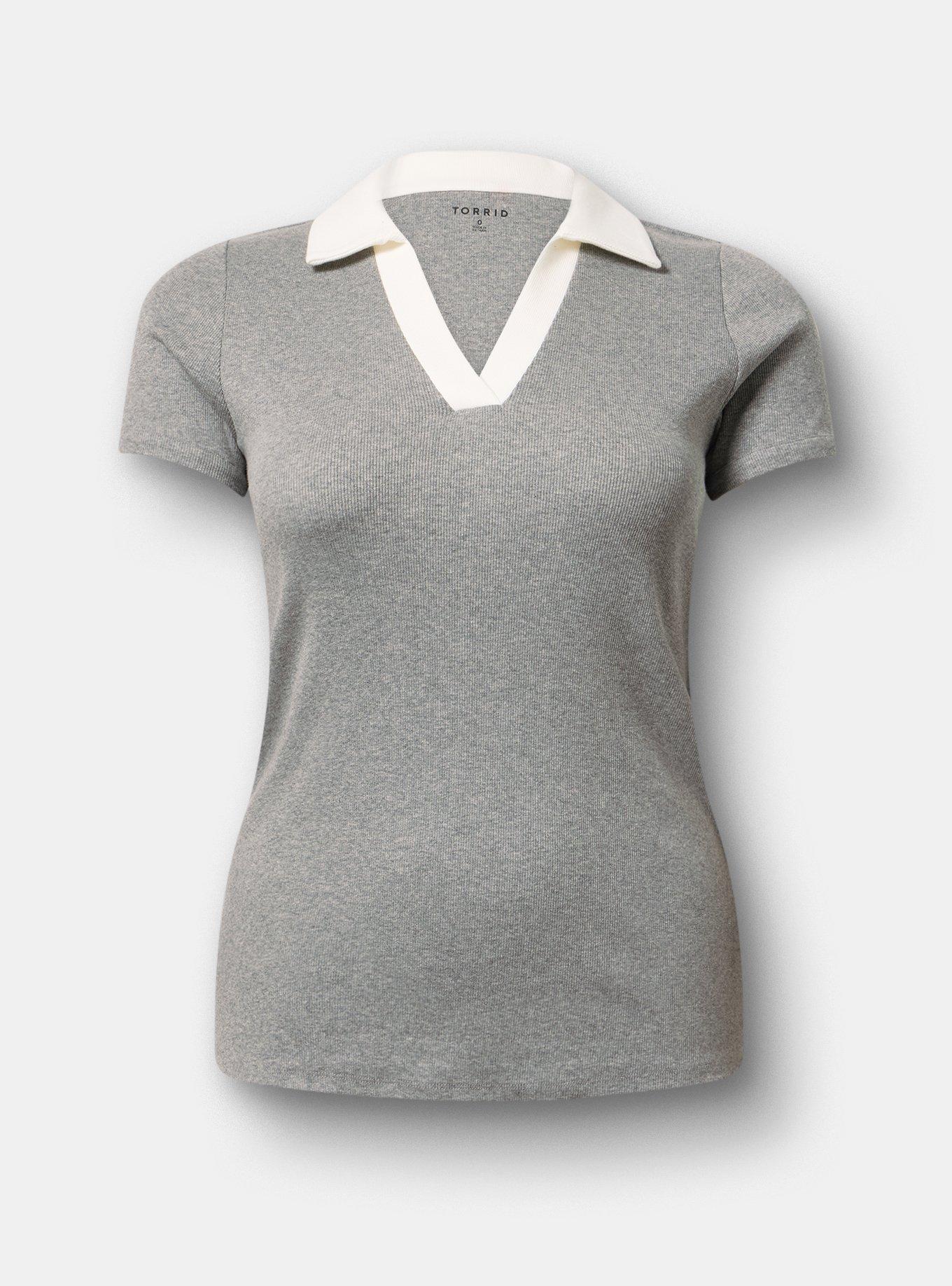 Heritage Rib V-Neck Polo Tee, MED HEATHER GREY, hi-res