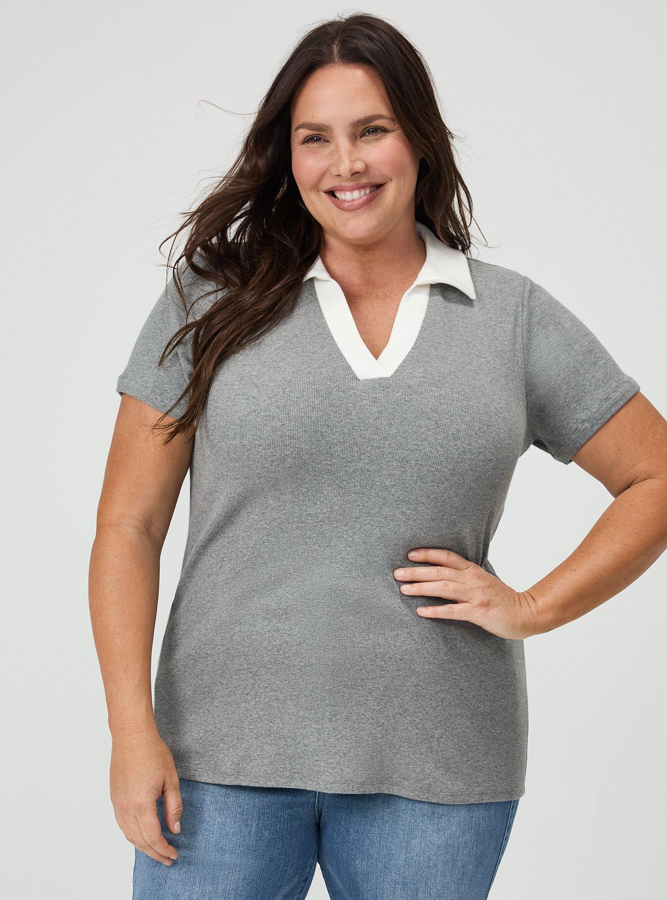 Heritage Rib V-Neck Polo Tee, MED HEATHER GREY, hi-res