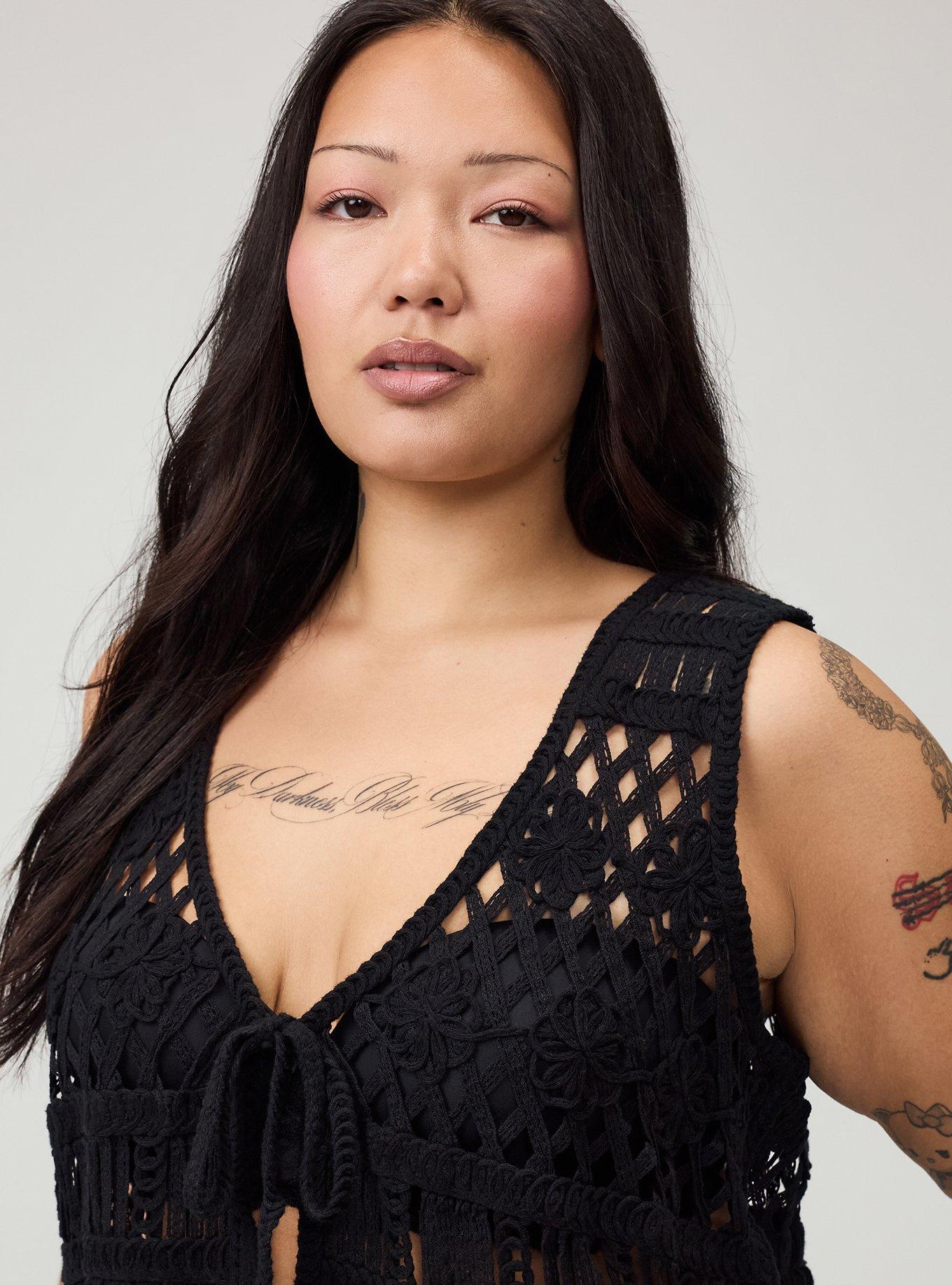 Crochet Tie-Front Vest, DEEP BLACK, alternate