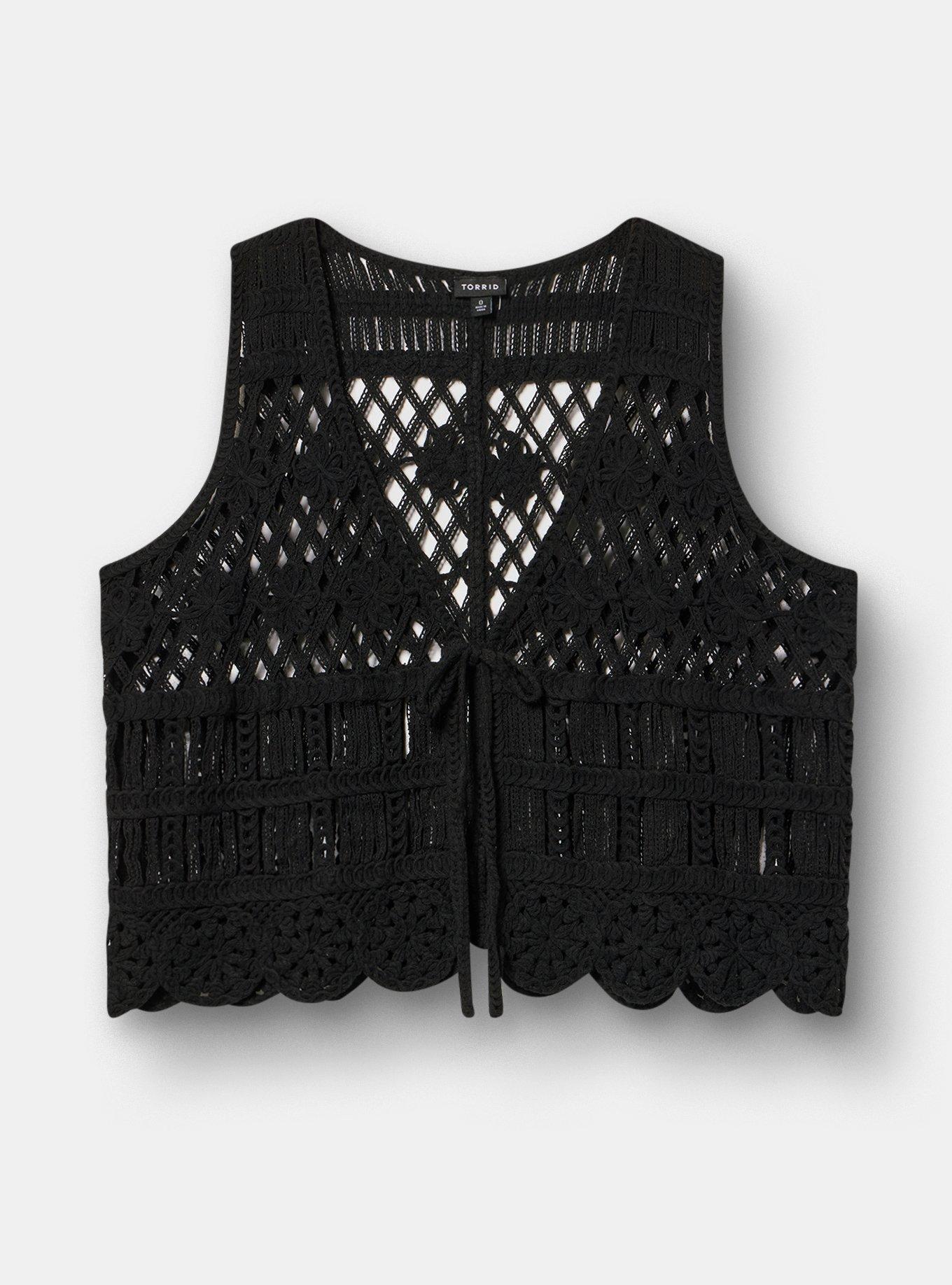 Crochet Tie-Front Vest, DEEP BLACK, flat