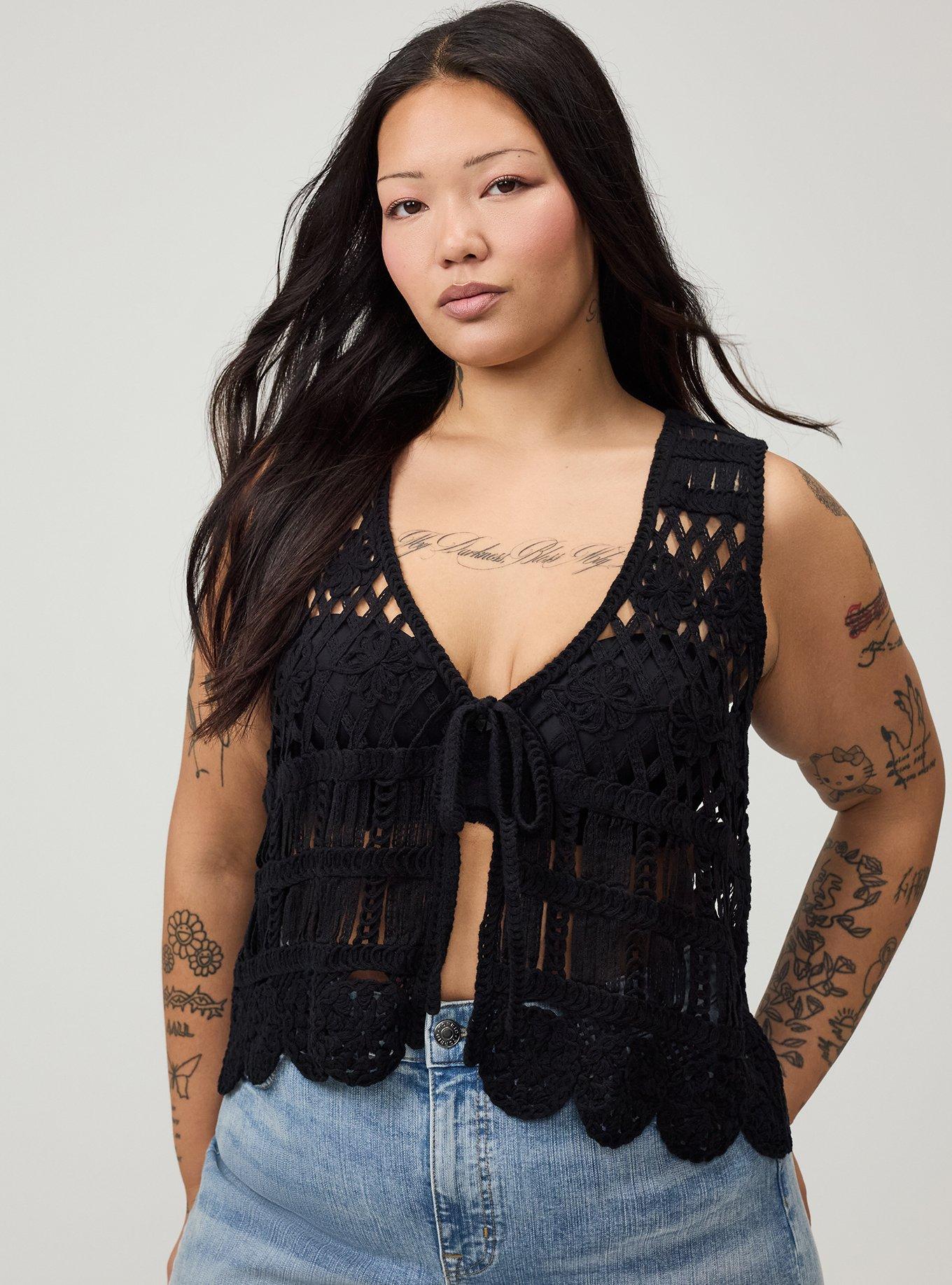 Crochet Tie-Front Vest, DEEP BLACK, hi-res
