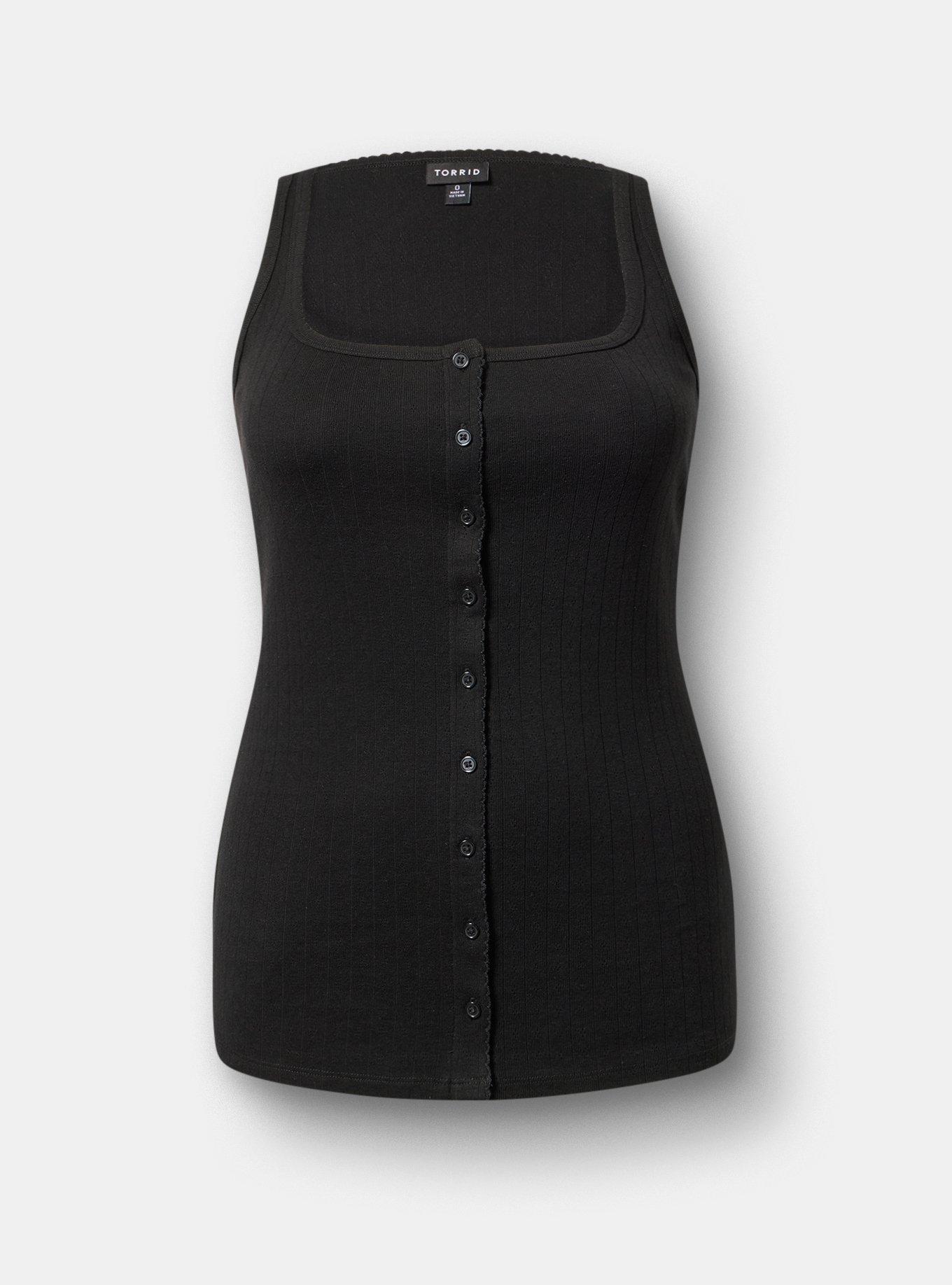 Pointelle Square Neck Button Up Tank, DEEP BLACK, hi-res