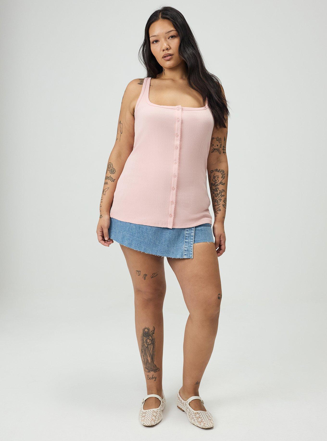 Pointelle Square Neck Button Up Tank, SILVER PINK, alternate