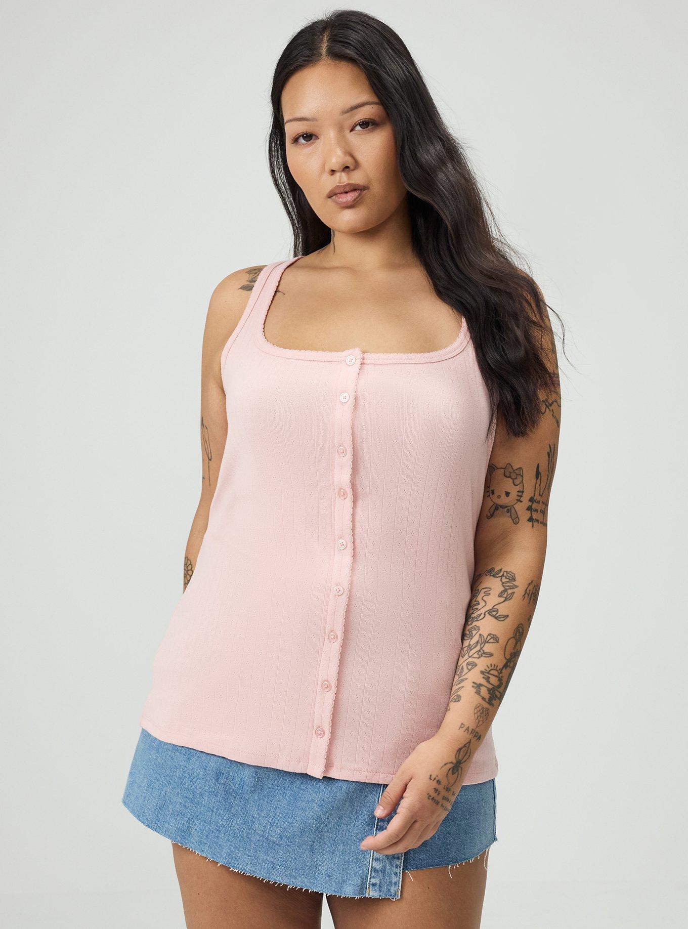 Pointelle Square Neck Button Up Tank, SILVER PINK, hi-res