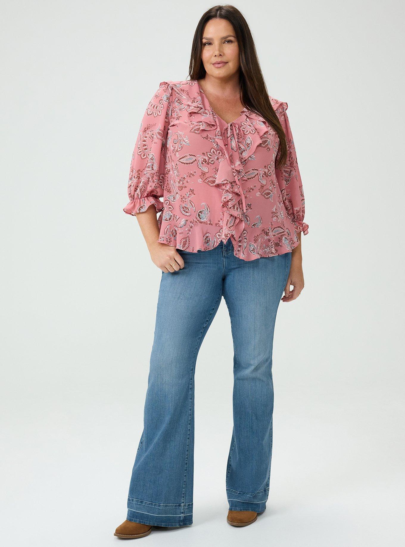 V-Neck Ruffle Blouse, SWEETHEART PAISLEY CORAL, alternate