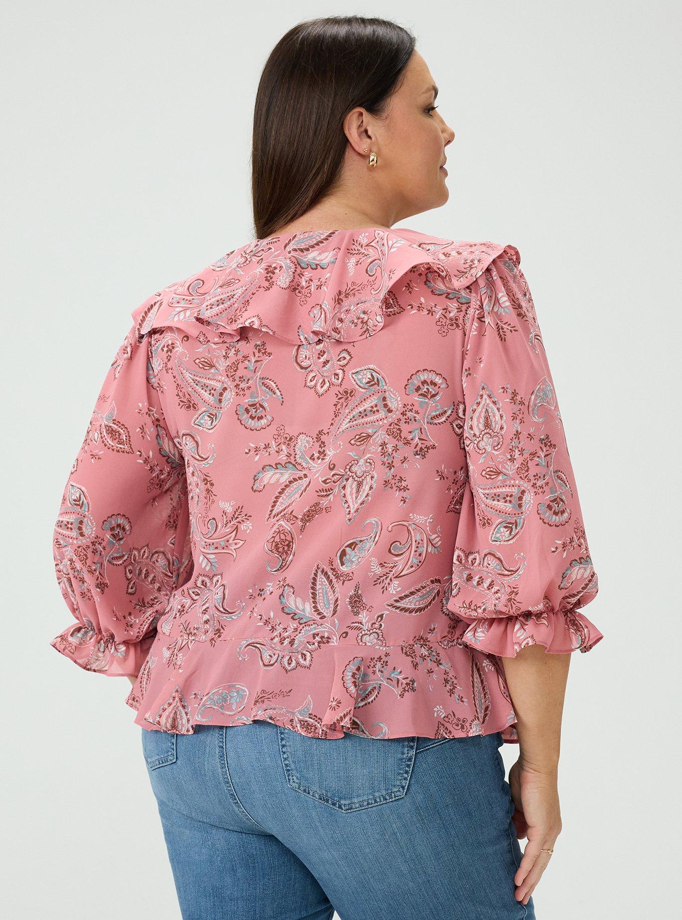 V-Neck Ruffle Blouse, SWEETHEART PAISLEY CORAL, alternate