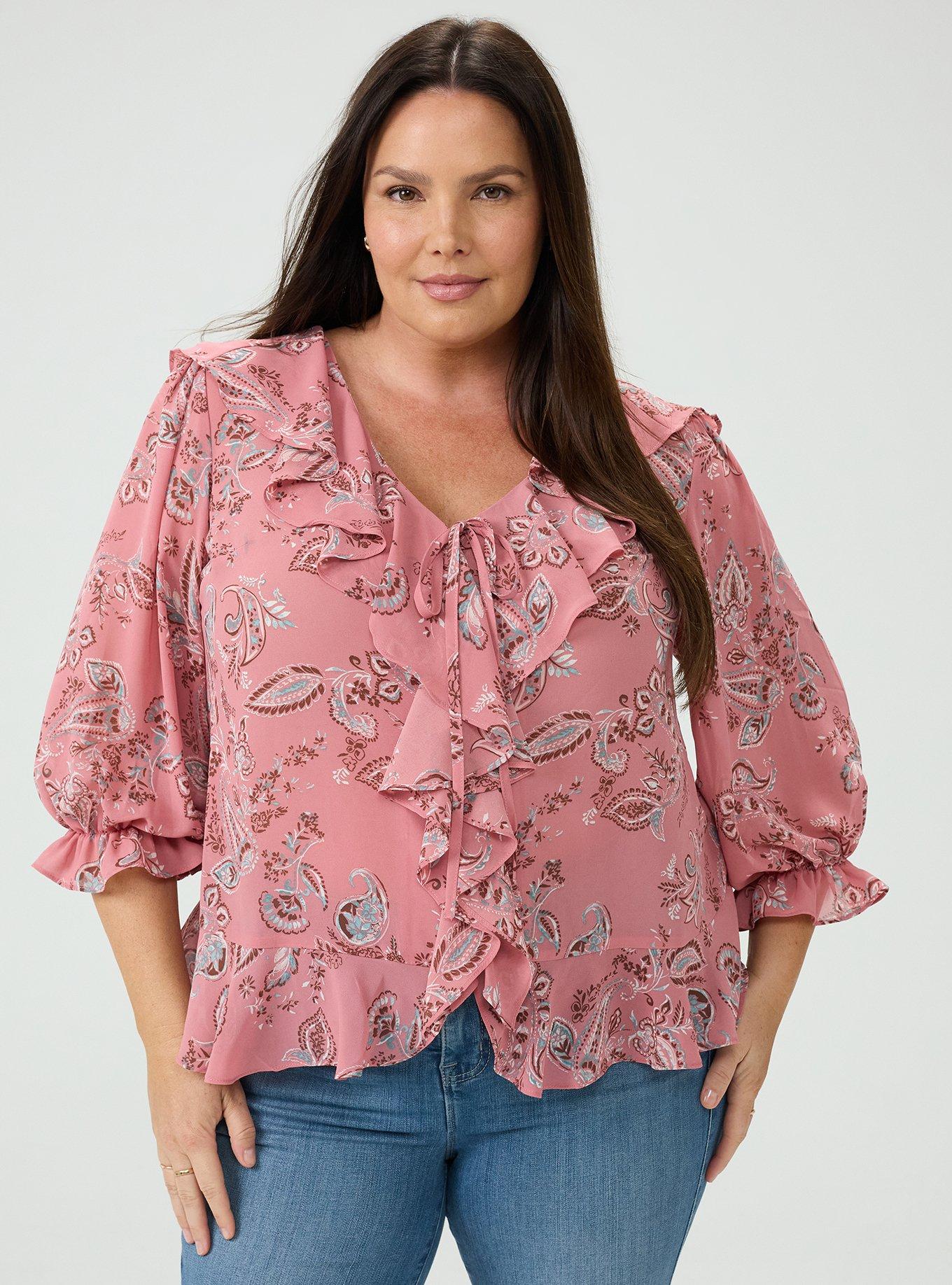 V-Neck Ruffle Blouse, SWEETHEART PAISLEY CORAL, hi-res