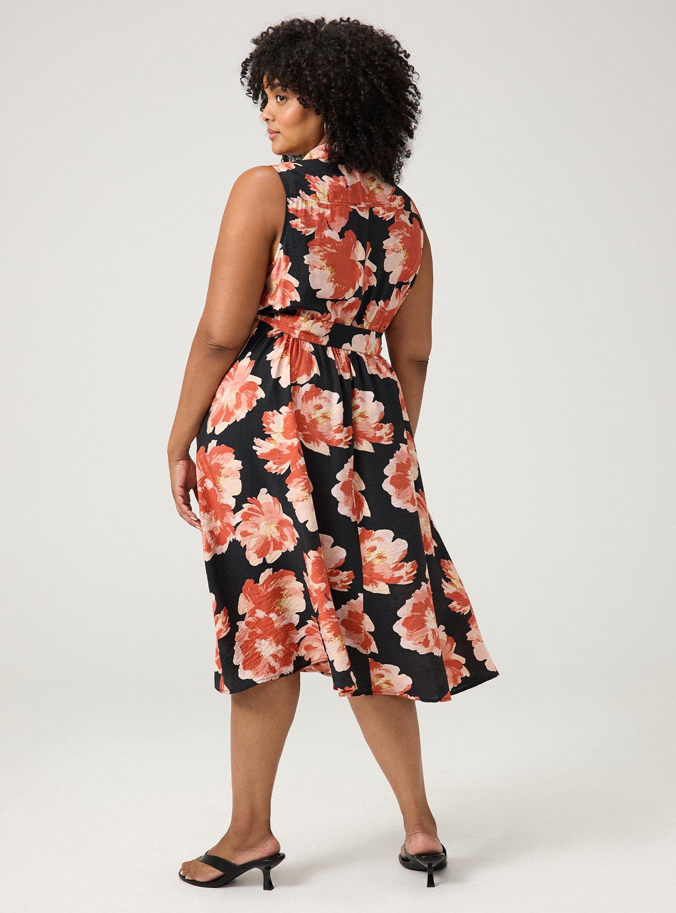 Collared Shirt Midi Dress, SHOWERING PEONIES FLORAL BLACK, alternate
