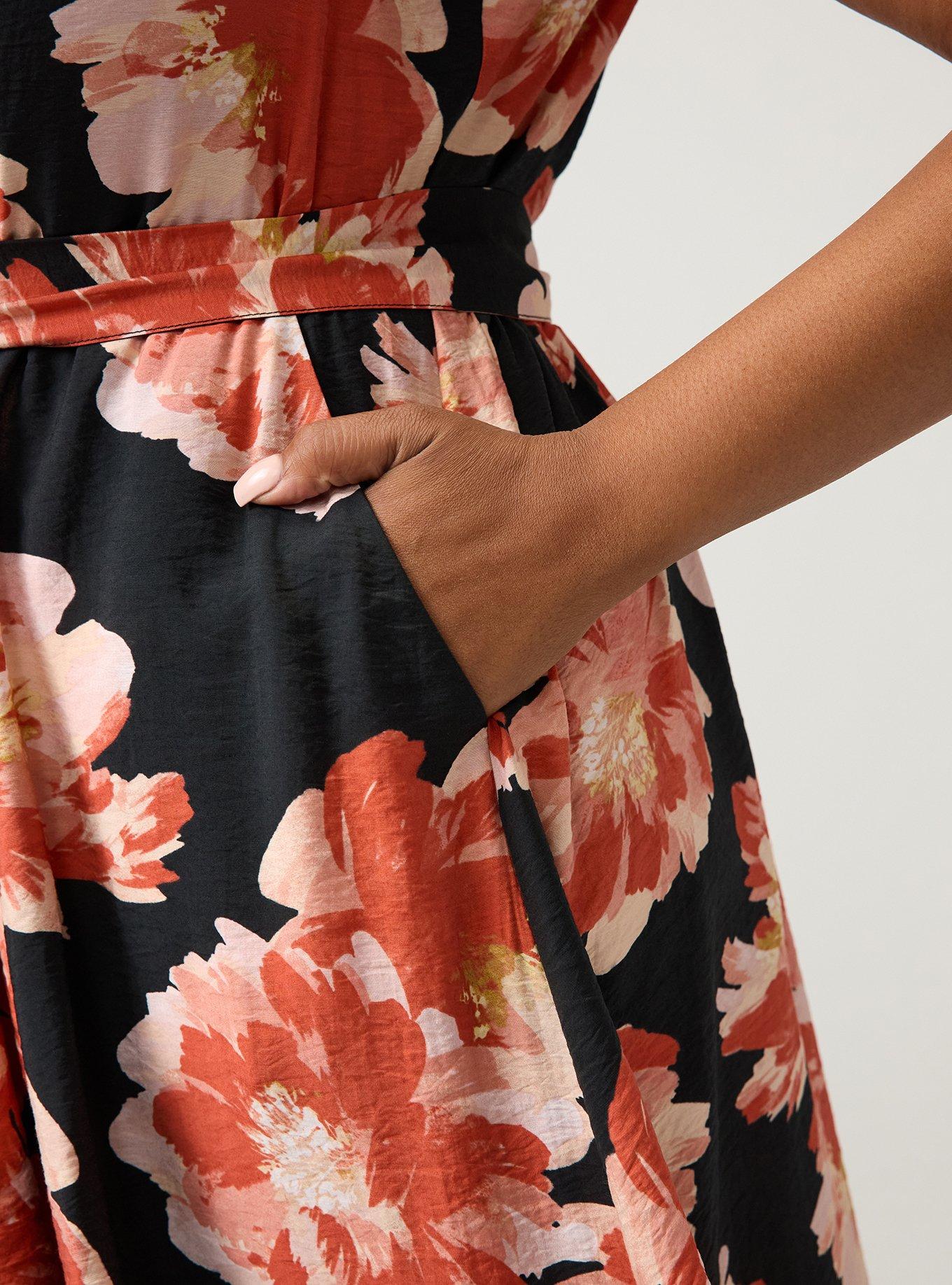 Collared Shirt Midi Dress, SHOWERING PEONIES FLORAL BLACK, alternate