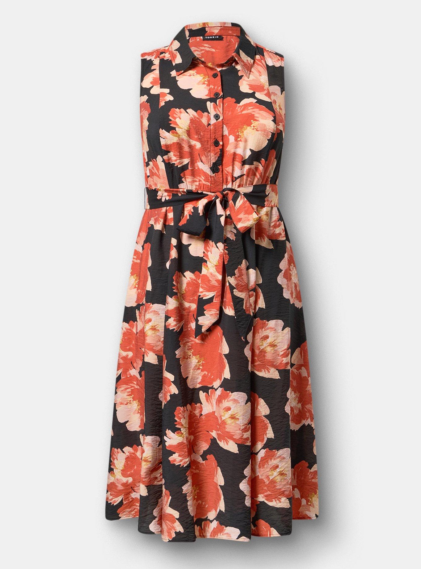 Collared Shirt Midi Dress, SHOWERING PEONIES FLORAL BLACK, hi-res