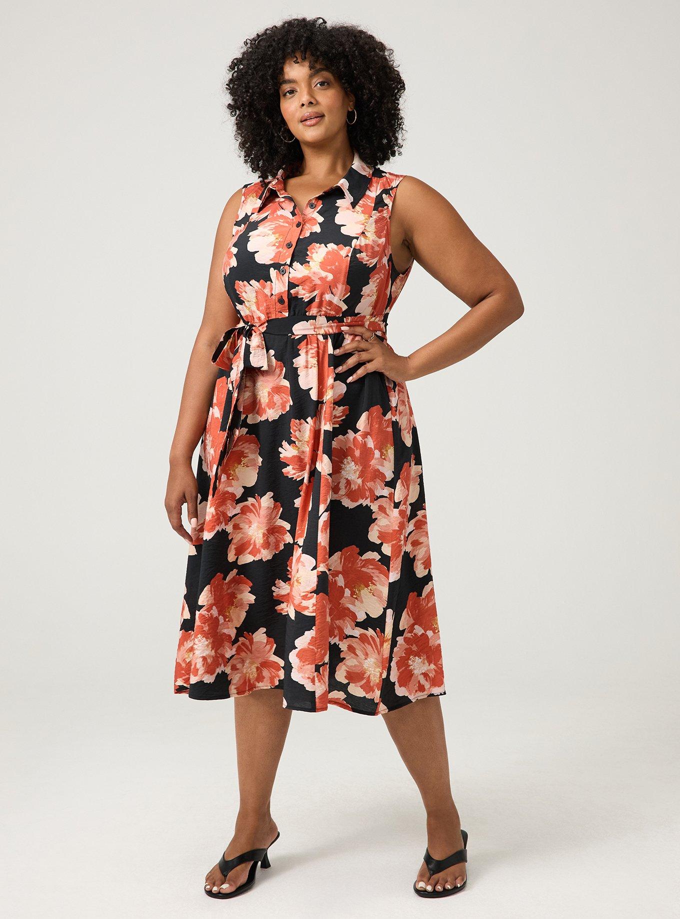 Collared Shirt Midi Dress, SHOWERING PEONIES FLORAL BLACK, hi-res