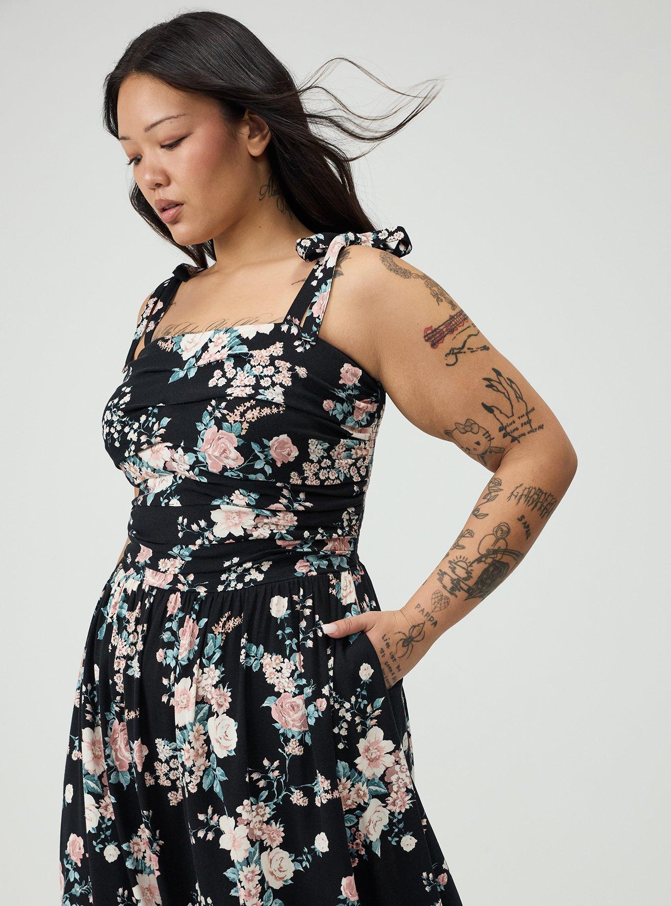 Shirred Tea Length Dress, WILD BOUQUET BLACK, alternate