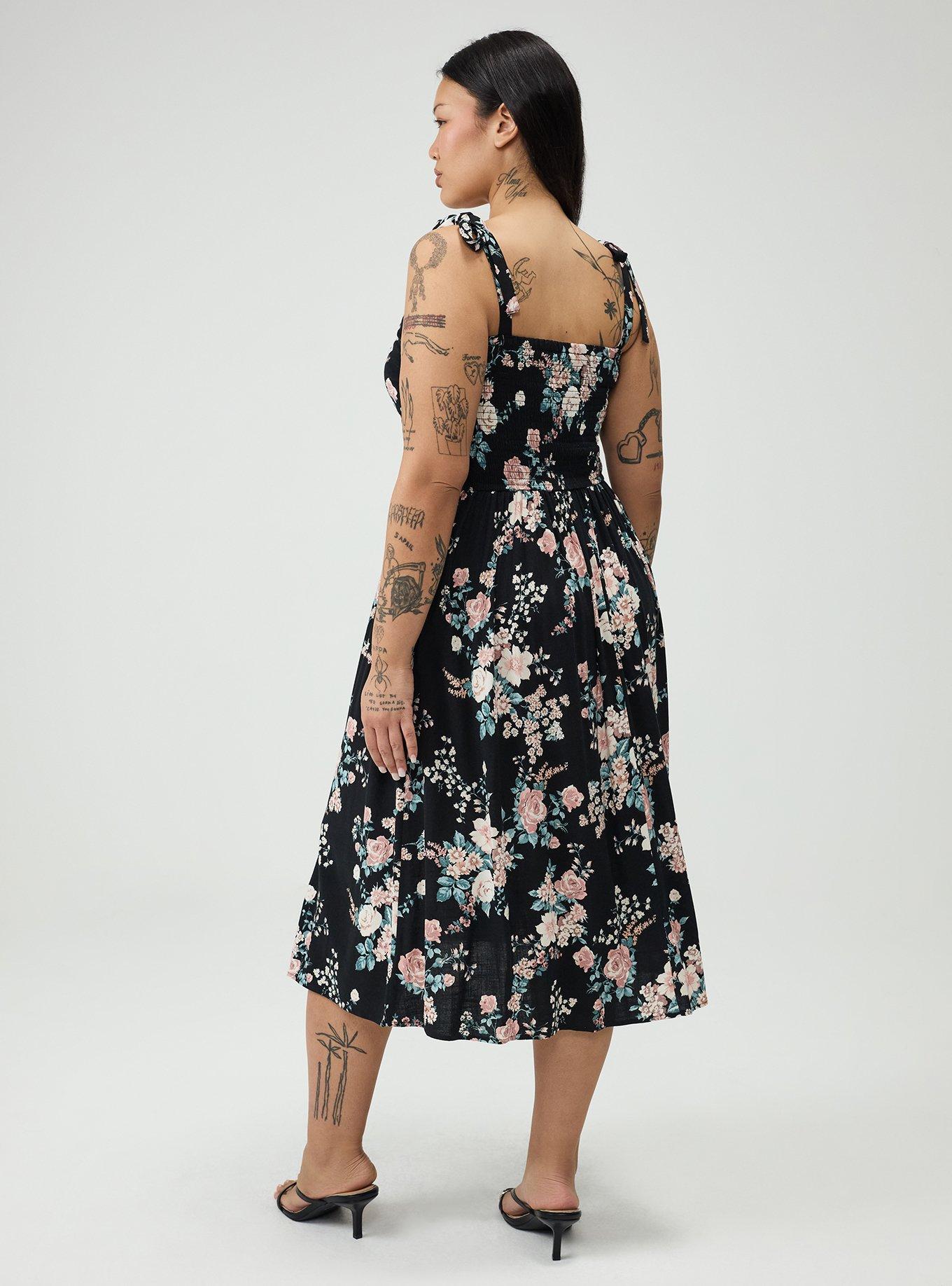 Shirred Tea Length Dress, WILD BOUQUET BLACK, alternate