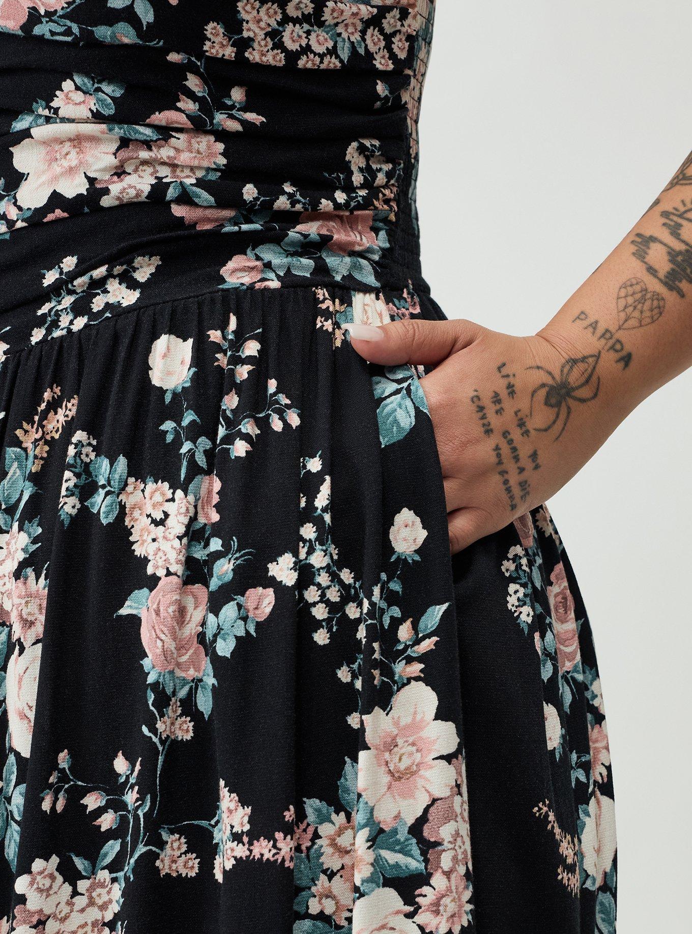 Shirred Tea Length Dress, WILD BOUQUET BLACK, alternate