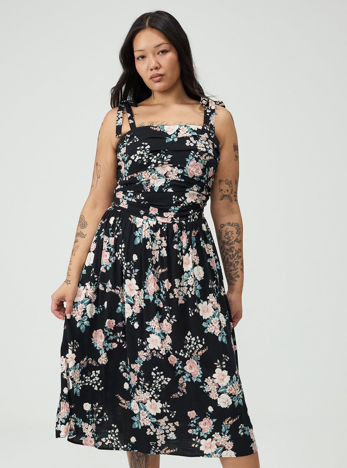 新品タグ付LUDICRUM Floral shirred dress BLACK Plus Size - Shirred Tea Length Dress - Torrid