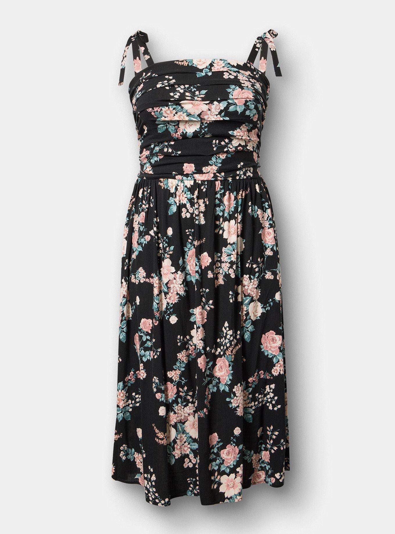 Shirred Tea Length Dress, WILD BOUQUET BLACK, flat