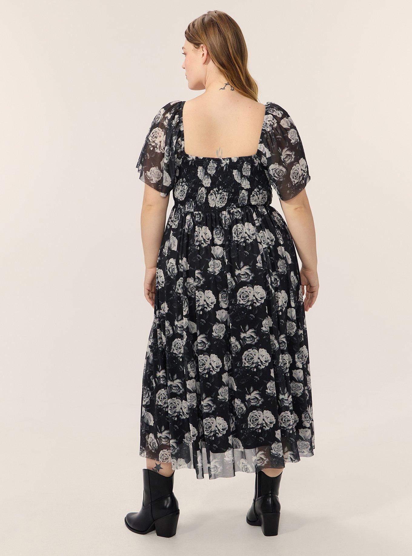 Flutter Sleeve Tea Length Dress, CARA ROSES FLORAL BLACK, alternate
