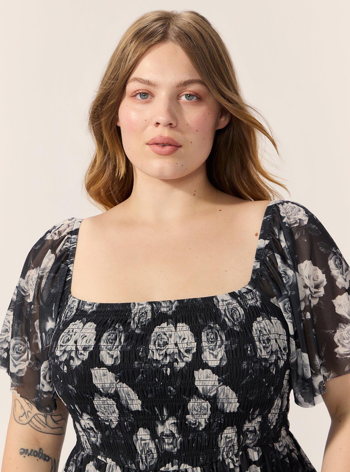 Flutter Sleeve Tea Length Dress, CARA ROSES FLORAL BLACK, alternate