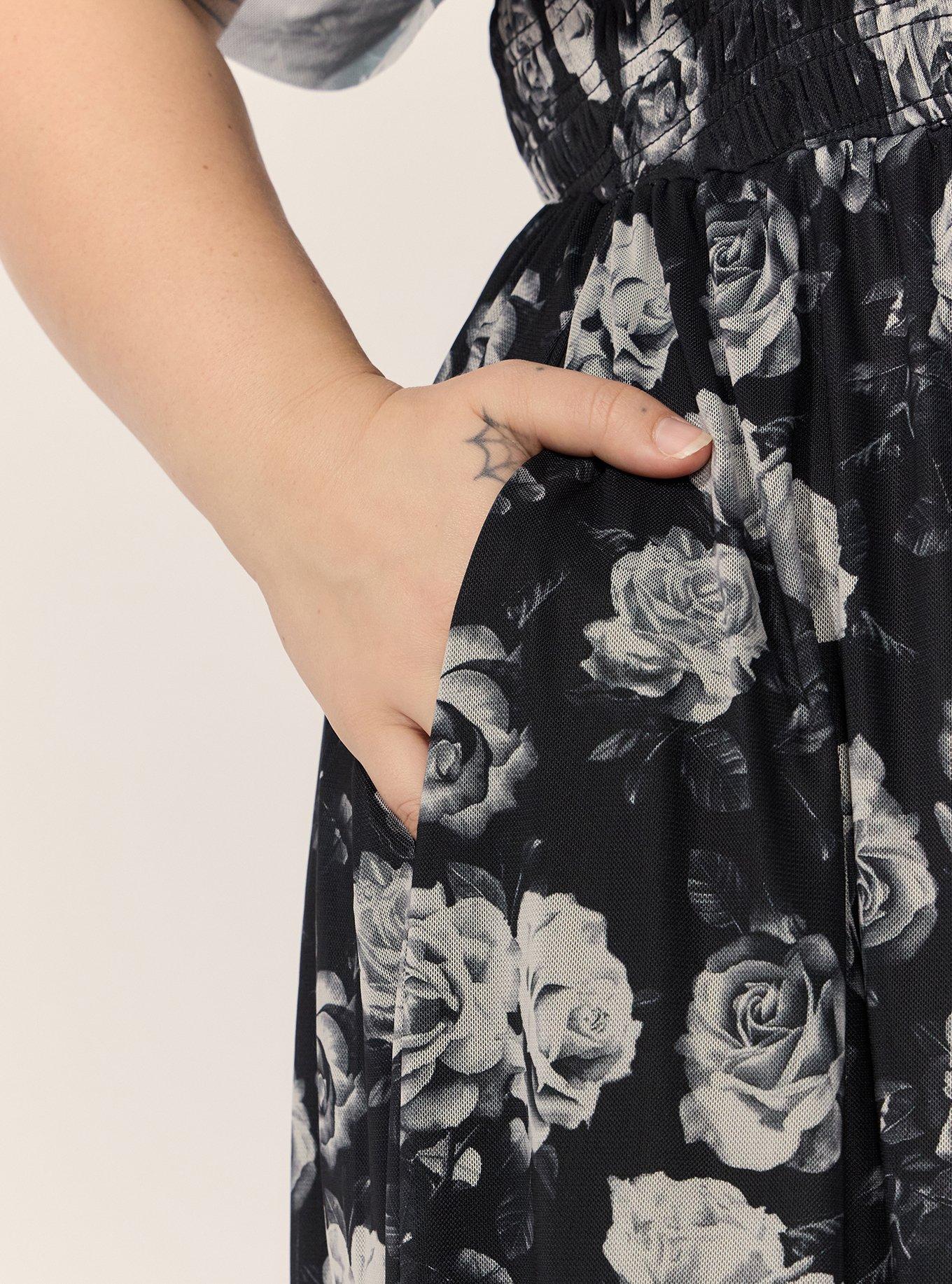 Flutter Sleeve Tea Length Dress, CARA ROSES FLORAL BLACK, alternate