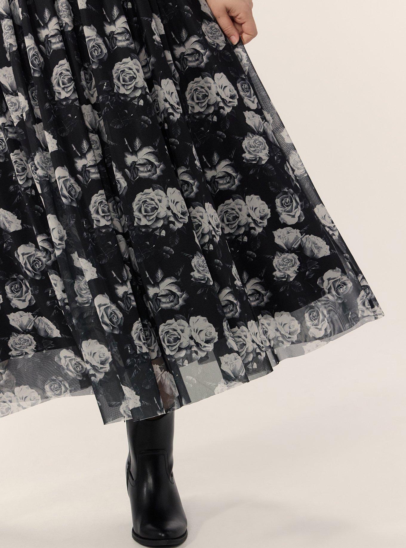 Flutter Sleeve Tea Length Dress, CARA ROSES FLORAL BLACK, alternate