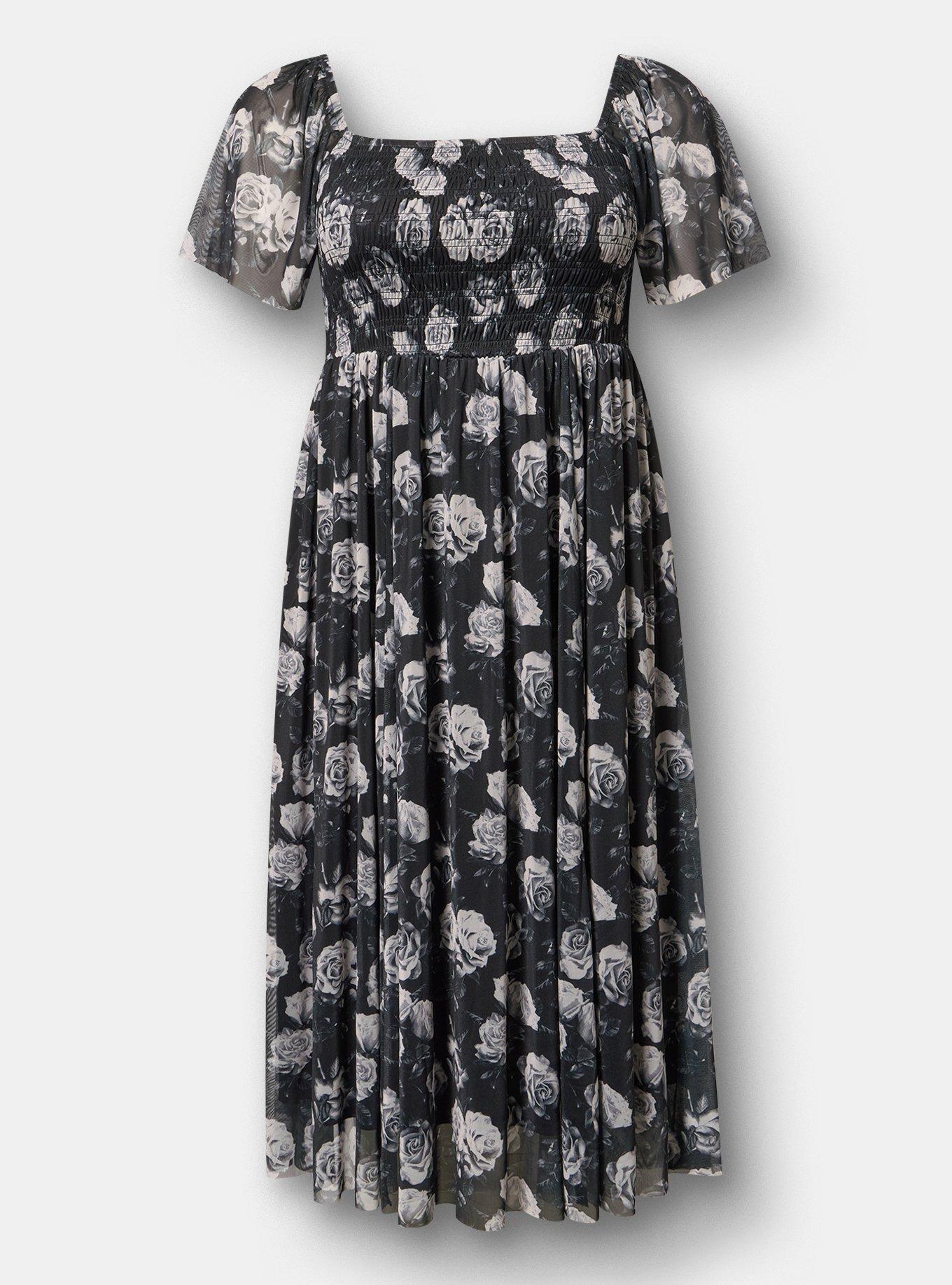 Flutter Sleeve Tea Length Dress, CARA ROSES FLORAL BLACK, flat