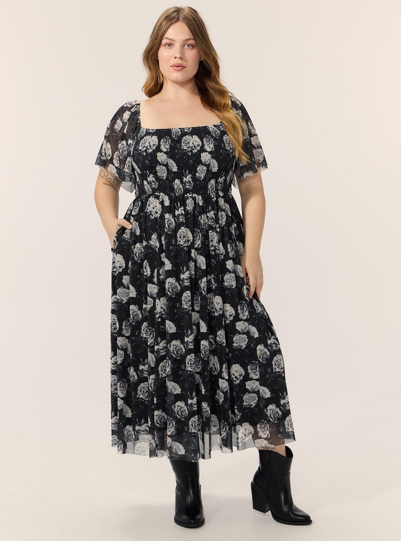 Flutter Sleeve Tea Length Dress, CARA ROSES FLORAL BLACK, hi-res