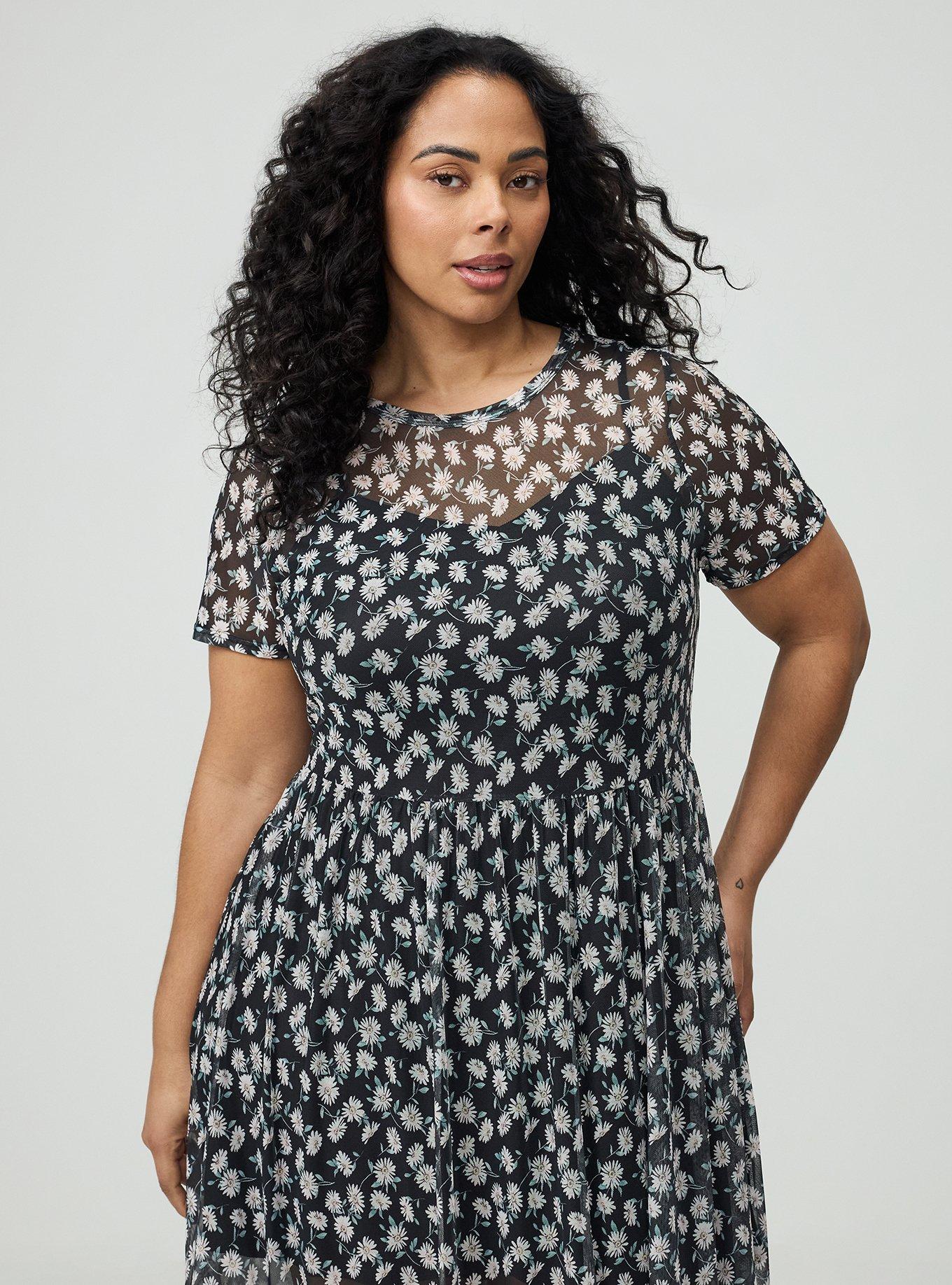 Relaxed Tea Length Mesh T-Shirt Dress, CUTE DAISY DITSY FLORAL BLACK, alternate