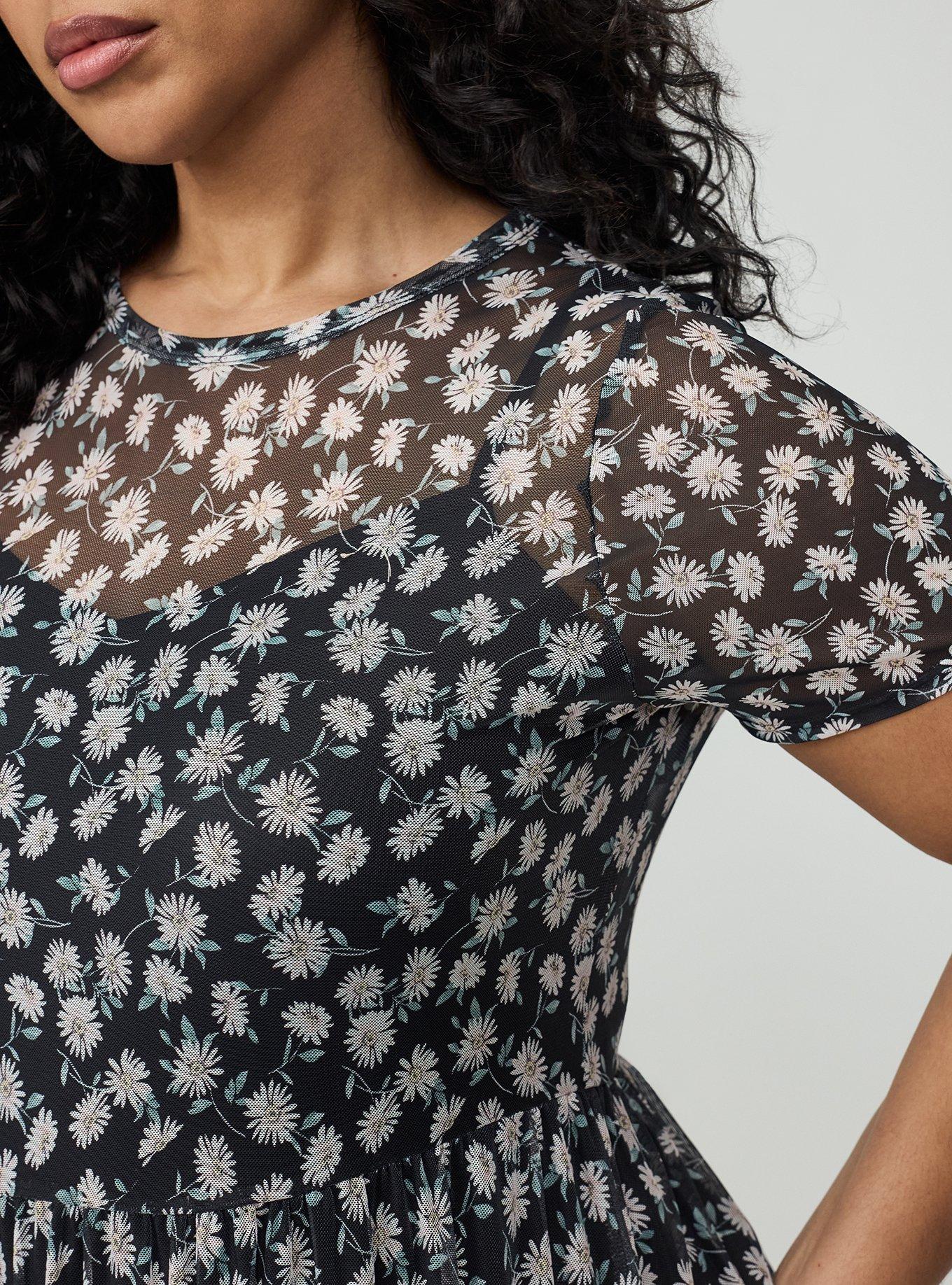 Relaxed Tea Length Mesh T-Shirt Dress, CUTE DAISY DITSY FLORAL BLACK, alternate
