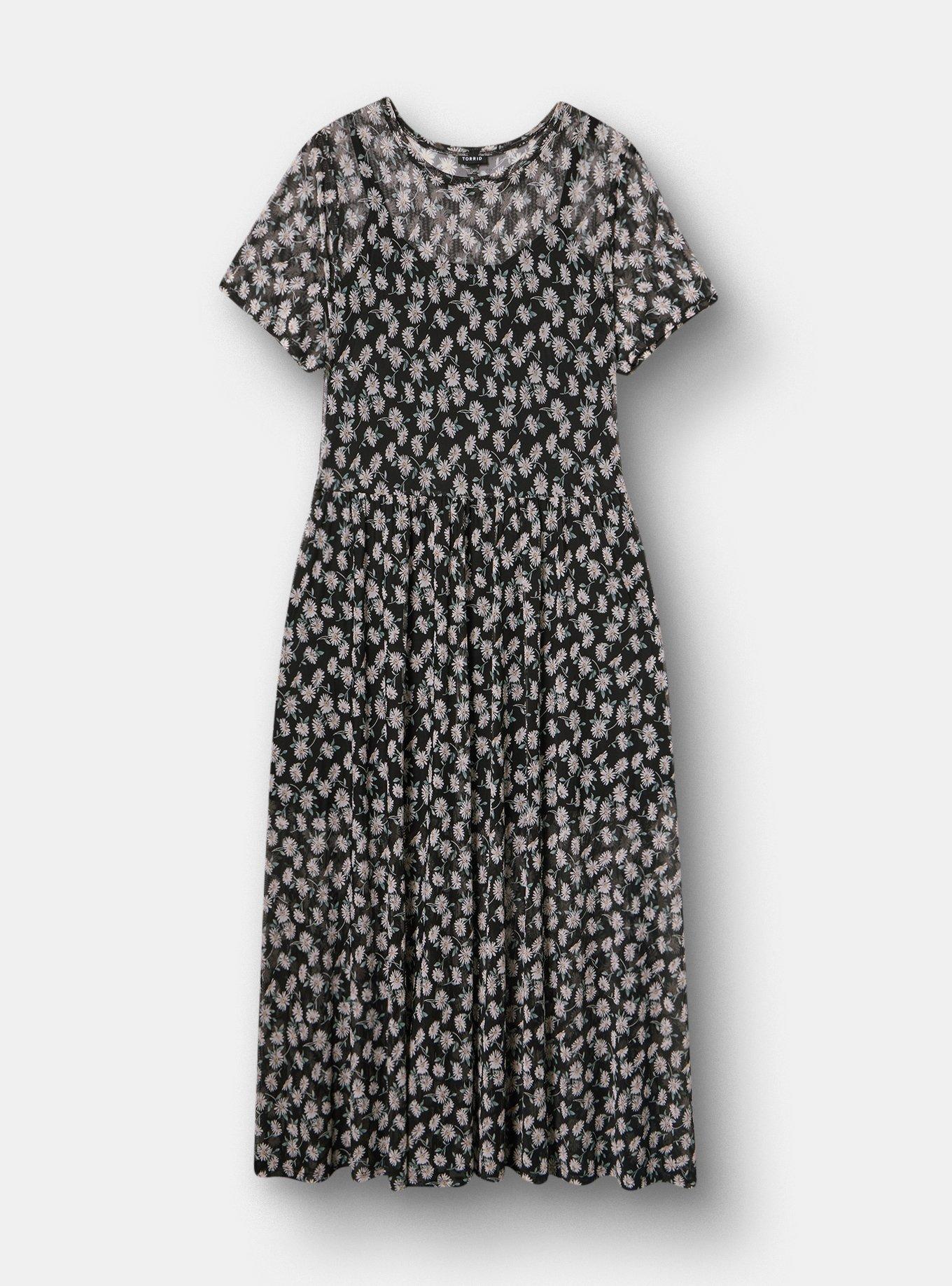 Relaxed Tea Length Mesh T-Shirt Dress, CUTE DAISY DITSY FLORAL BLACK, hi-res