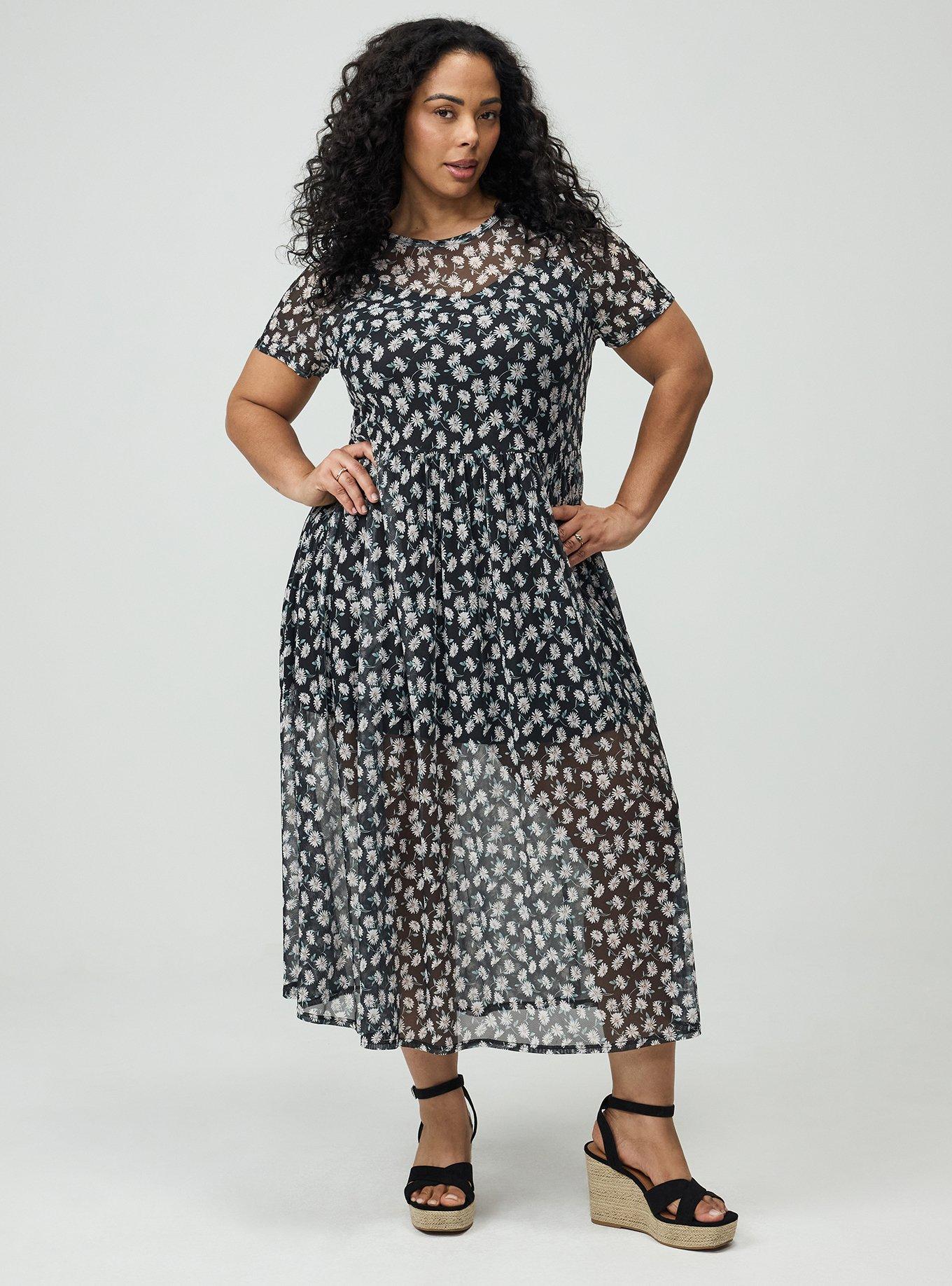 Relaxed Tea Length Mesh T-Shirt Dress, CUTE DAISY DITSY FLORAL BLACK, hi-res