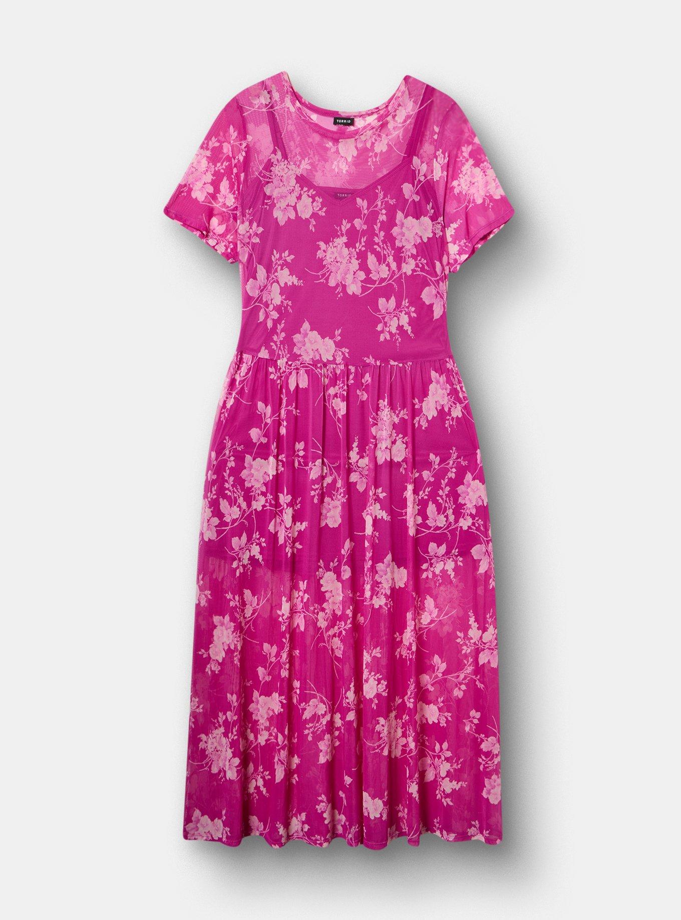 Relaxed Tea Length Mesh T-Shirt Dress, GRACE FLORAL PLUM, flat