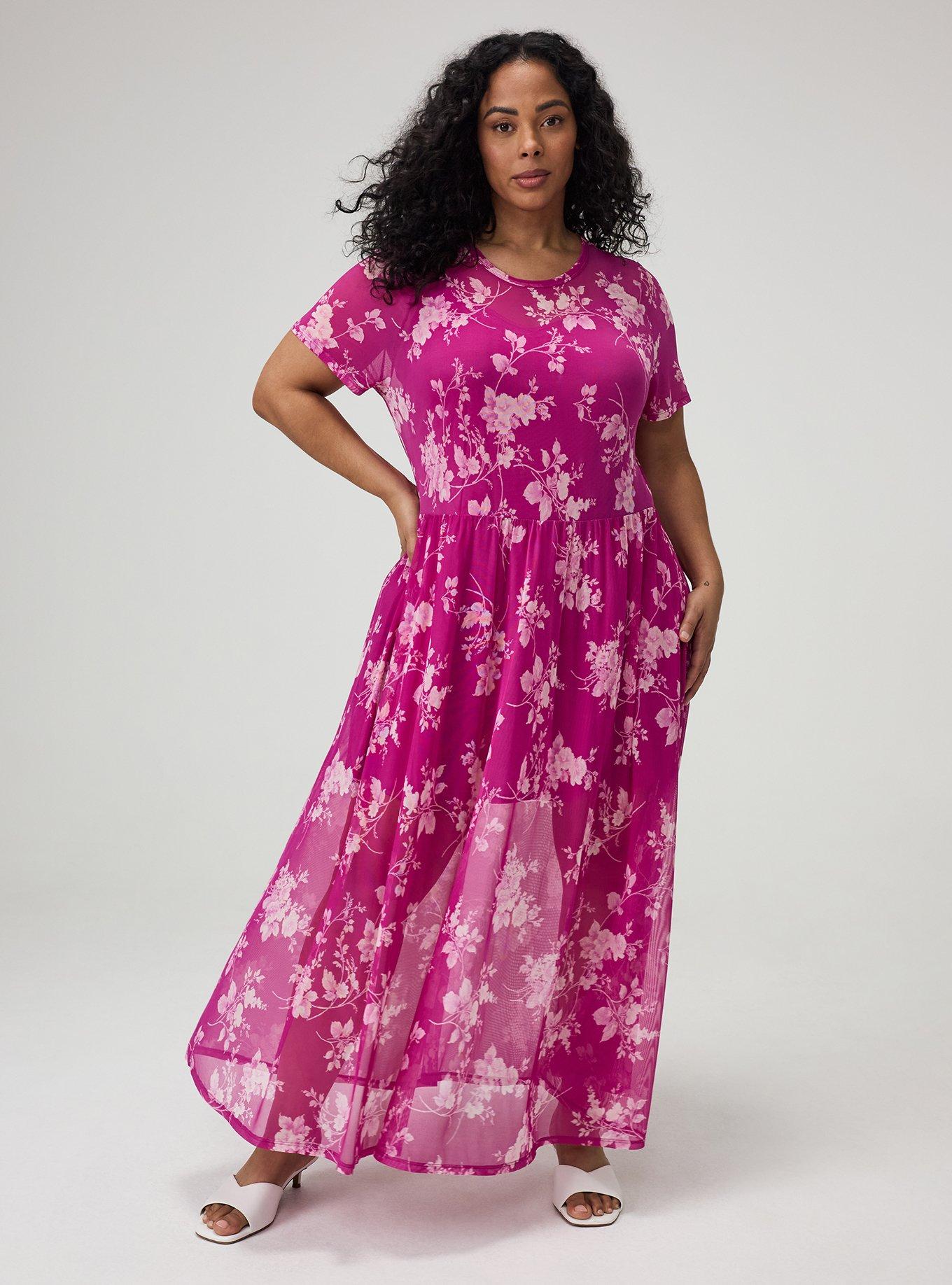 Relaxed Tea Length Mesh T-Shirt Dress, GRACE FLORAL PLUM, hi-res