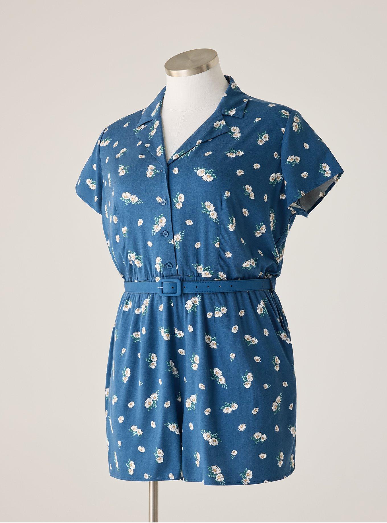 Retro Chic Collared Short Jumpsuit, BRIDGETTE DAISY FLORAL BLUE, flat