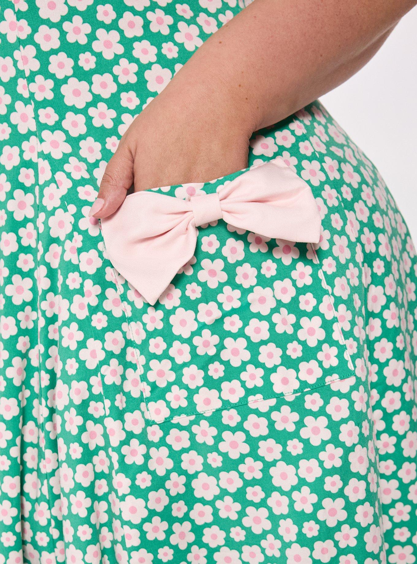 Retro Bow Pocket Mini Dress, GROOVY DAISY FLORAL SMALL GREEN, alternate