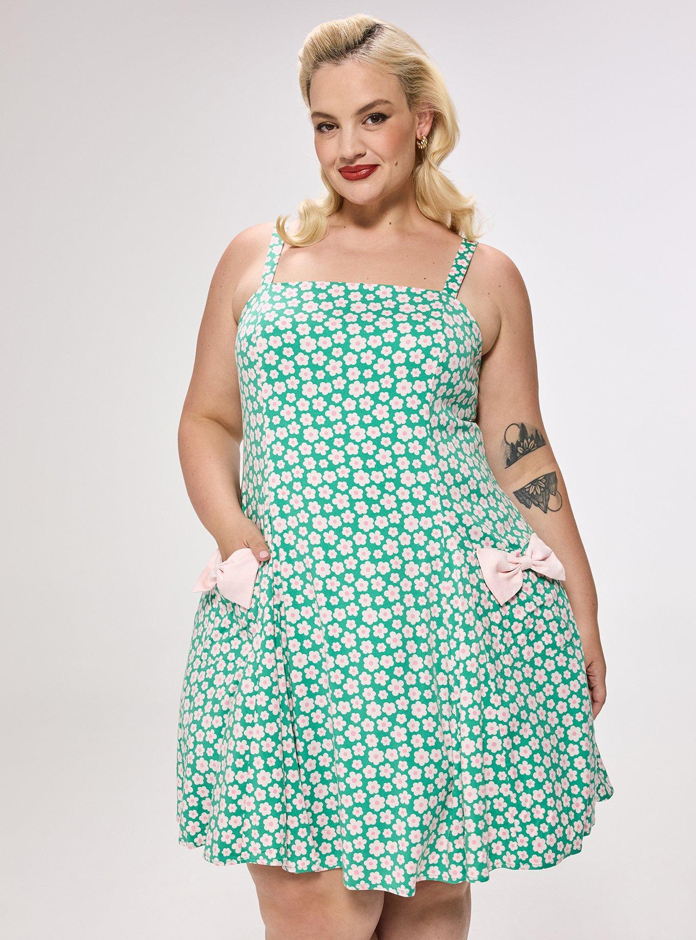 Retro Bow Pocket Mini Dress, GROOVY DAISY FLORAL SMALL GREEN, hi-res