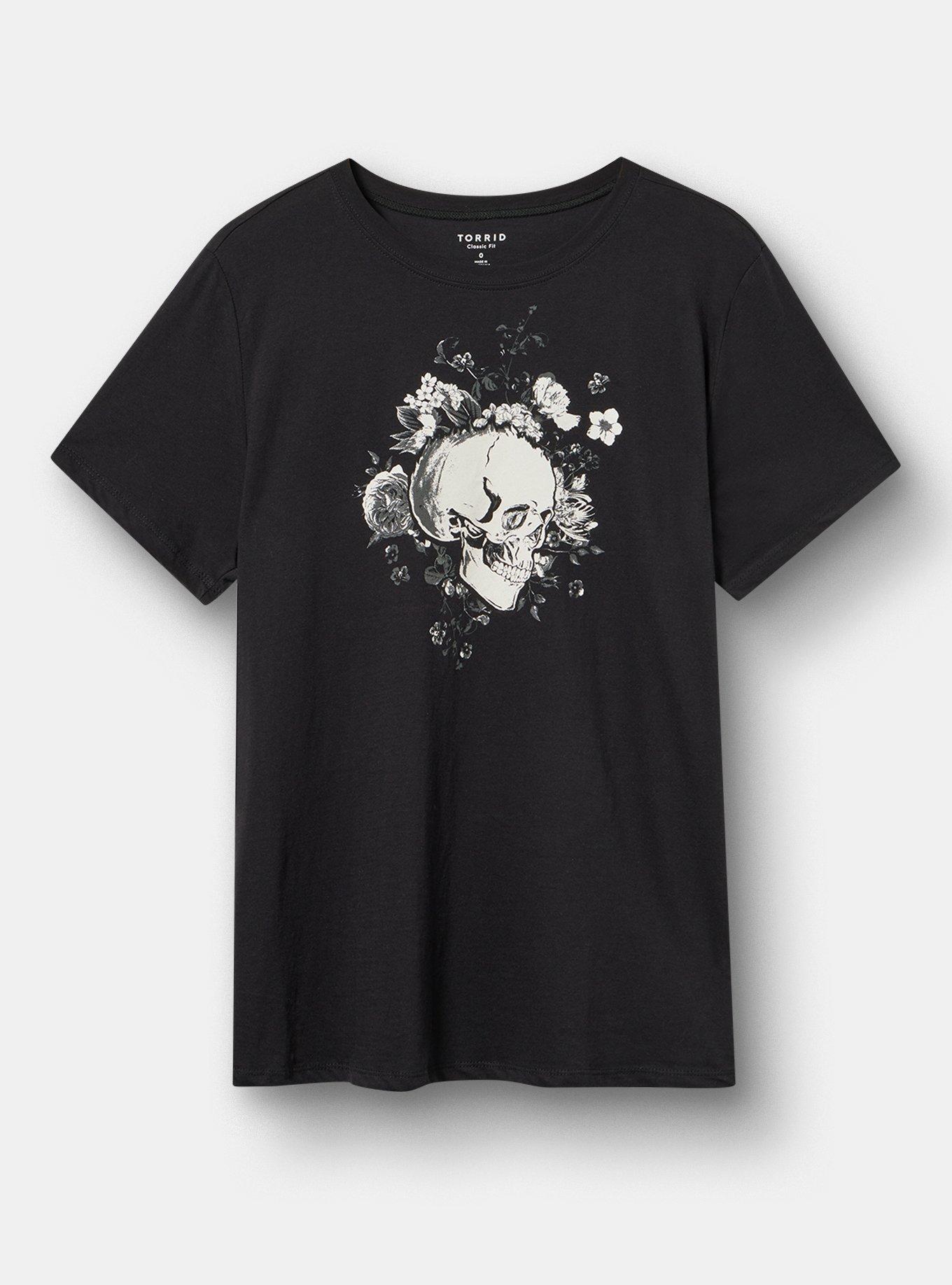 Plus Size Classic Fit Heritage Jersey Crew Tee, FLORAL SKULL DEEP BLACK, hi-res