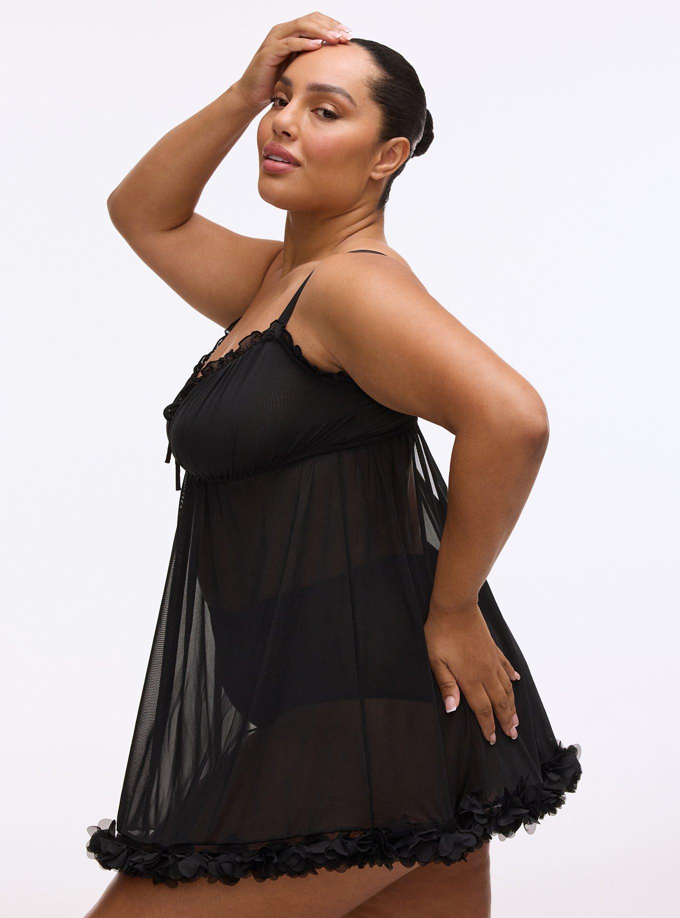 Ruched Mesh Wire-Free Babydoll, RICH BLACK, alternate