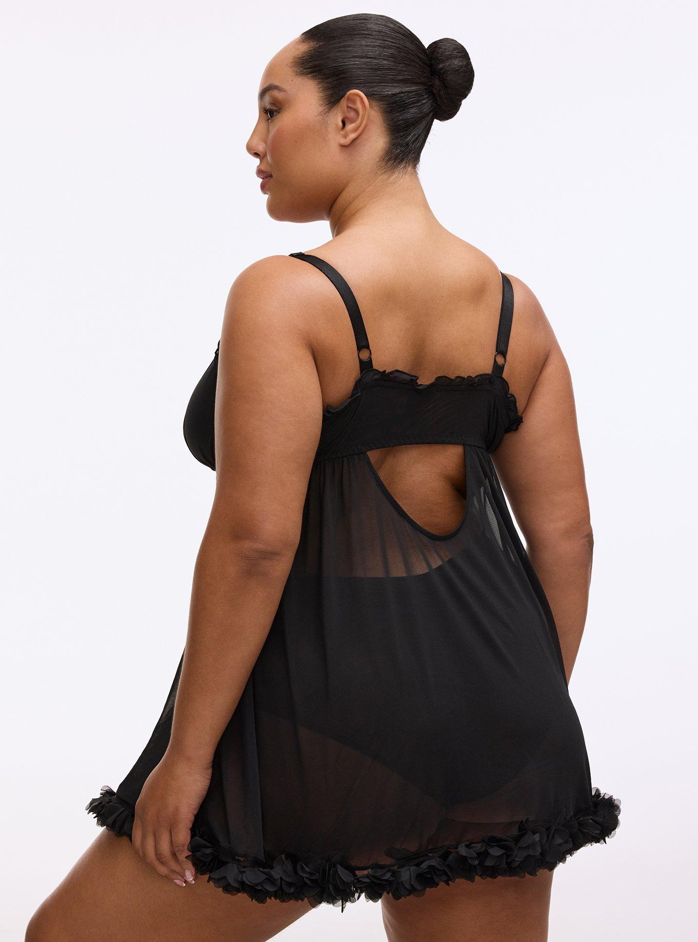 Ruched Mesh Wire-Free Babydoll, RICH BLACK, alternate