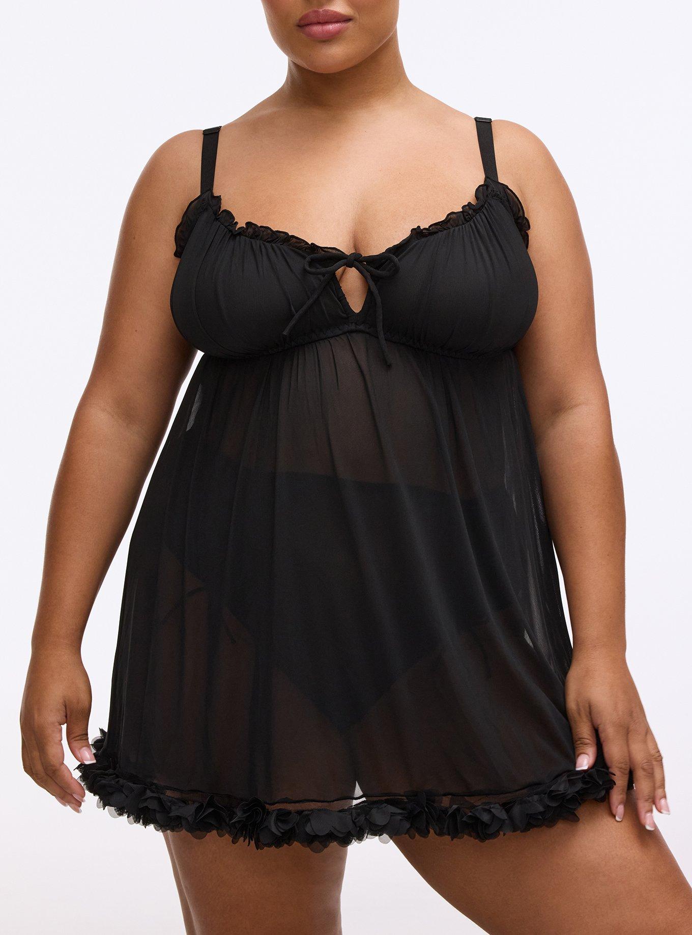 Ruched Mesh Wire-Free Babydoll, RICH BLACK, alternate