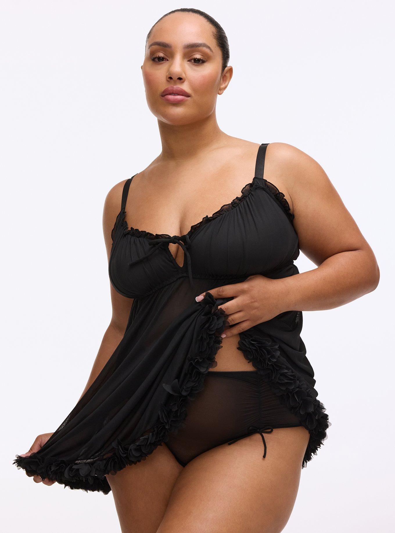 Ruched Mesh Wire-Free Babydoll, RICH BLACK, alternate
