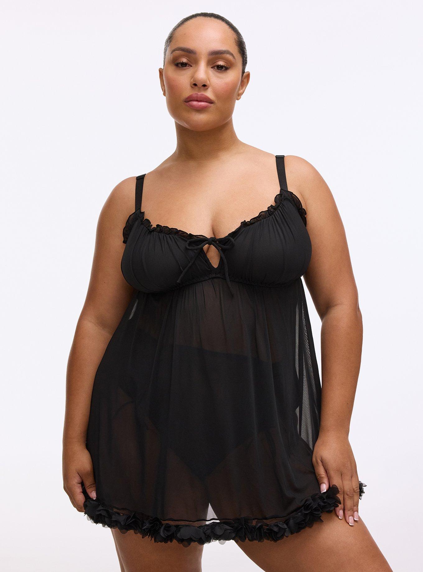 Ruched Mesh Wire-Free Babydoll, RICH BLACK, hi-res