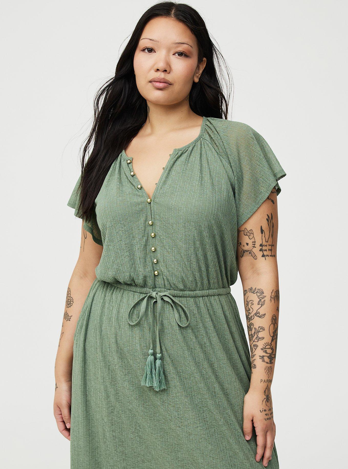 Crinkle Gauze Button-Front Maxi Dress, HEDGE GREEN, alternate