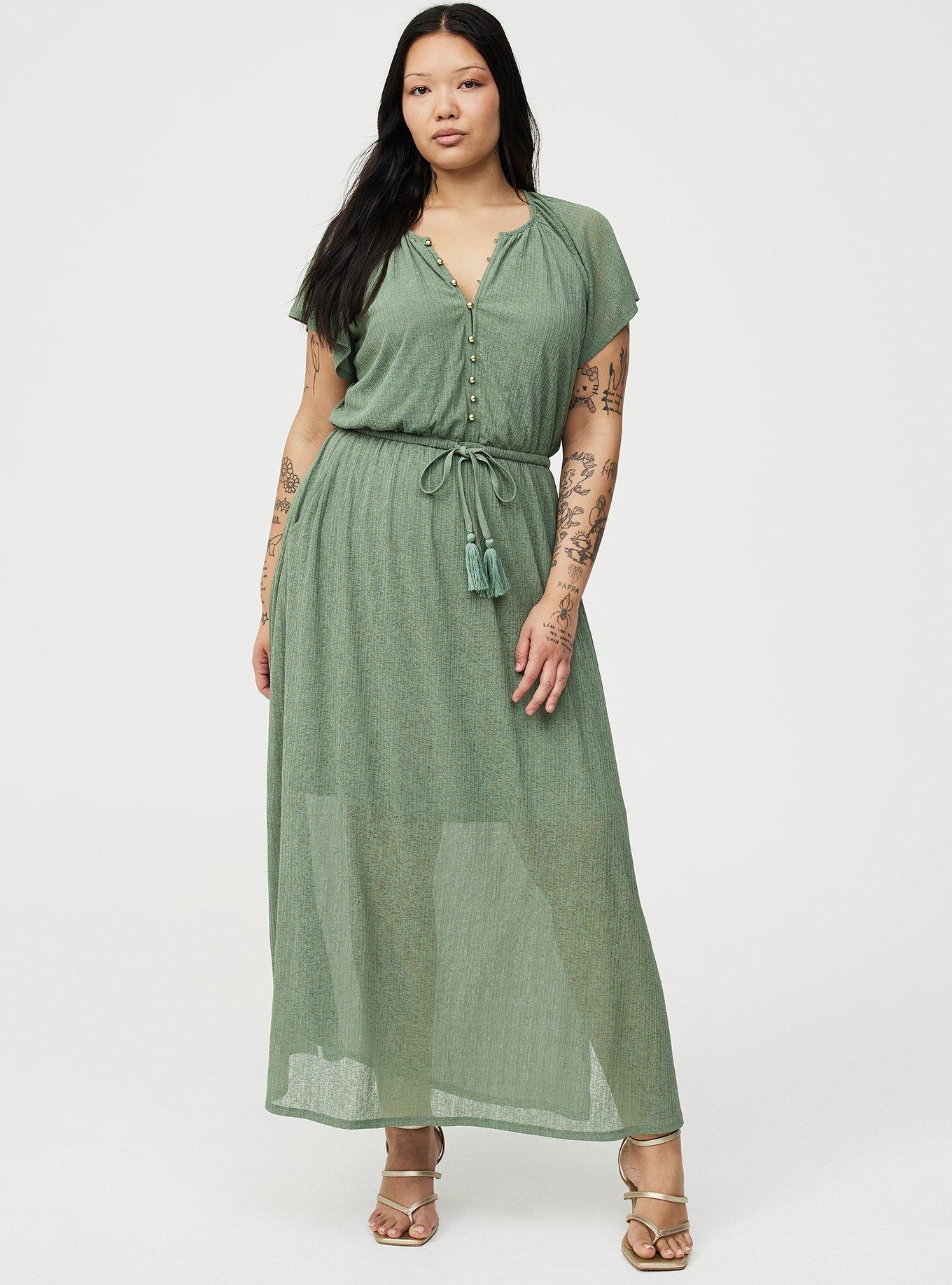 Crinkle Gauze Button-Front Maxi Dress, HEDGE GREEN, hi-res